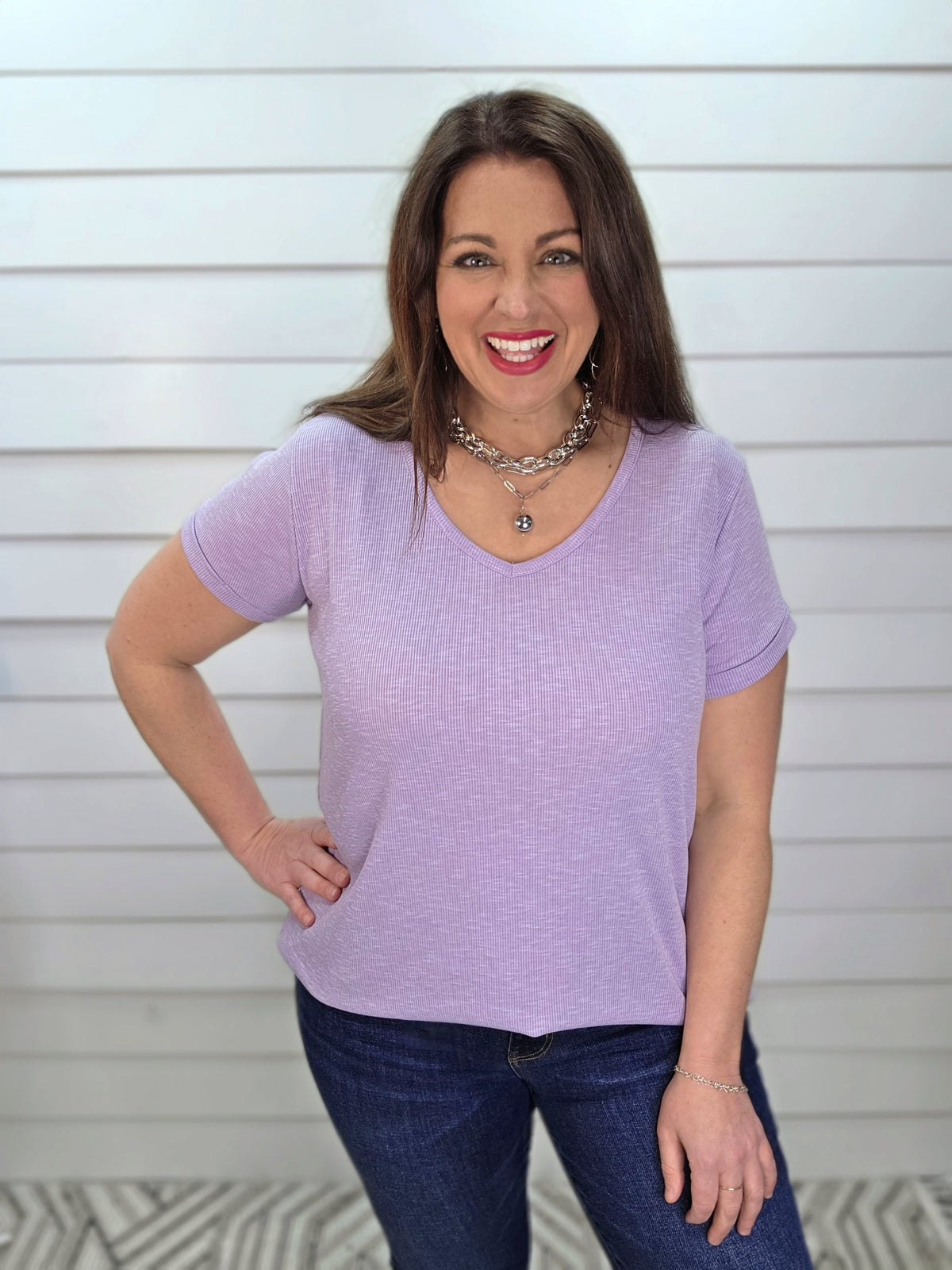 LAVENDER RIBBED V NECK KNIT TOP