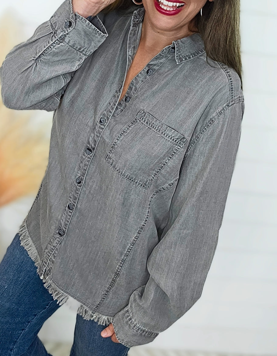 GREY POCKET FRINGE BOTTON TENCIL BUTTON UP