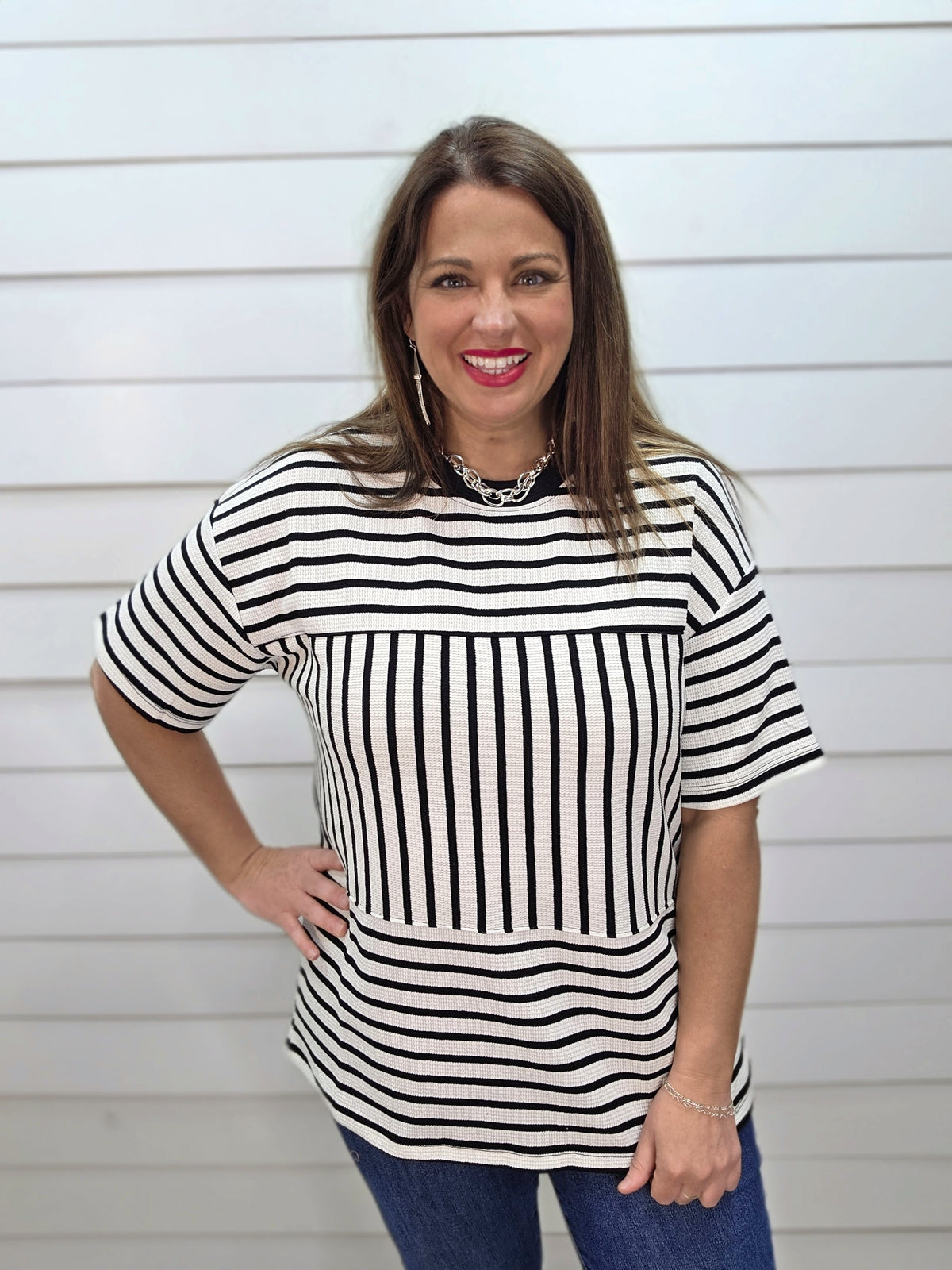 IVORY/BLACK STRIPED CONTRAST CLOUD KNIT TOP