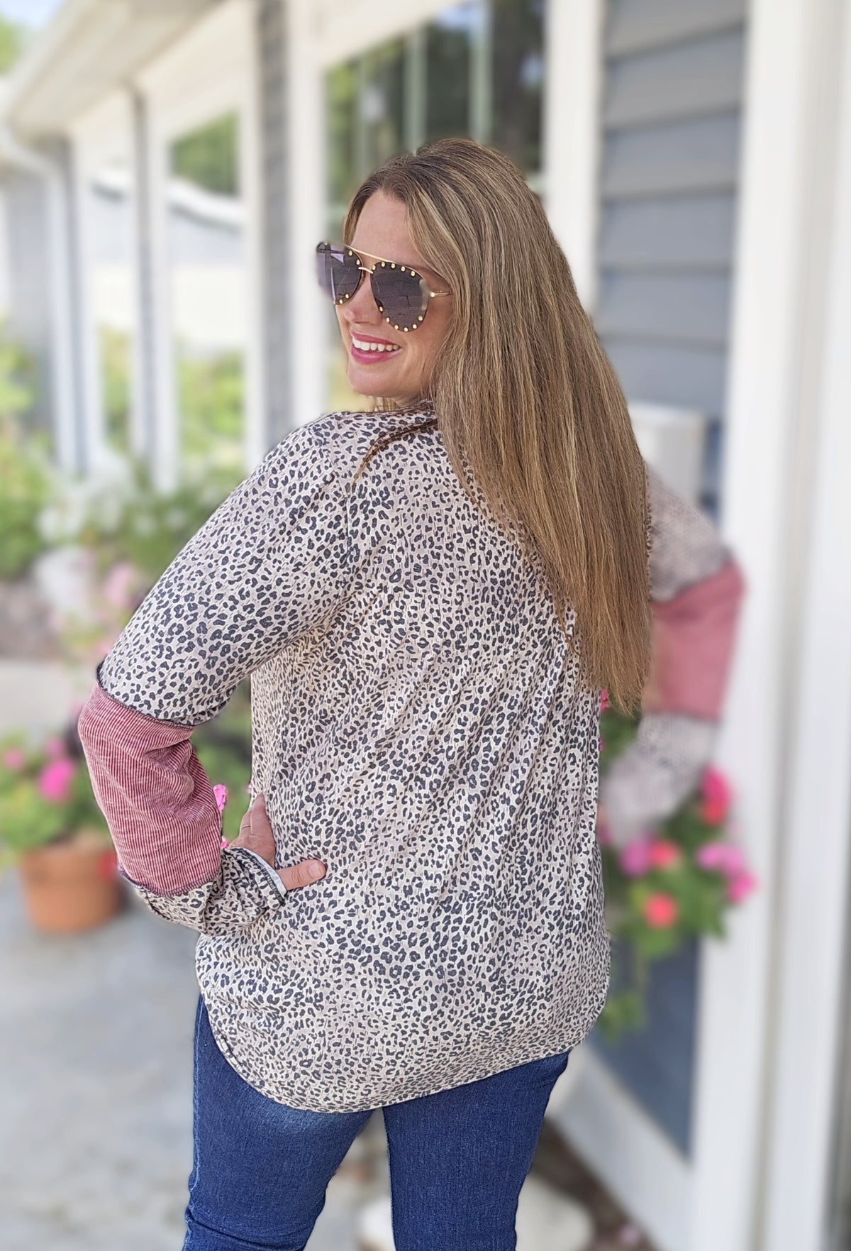 MOCHA ANIMAL PRINT KNIT TOP W/ BUTTON AND RIBBED INSERT LONG SLEEVE