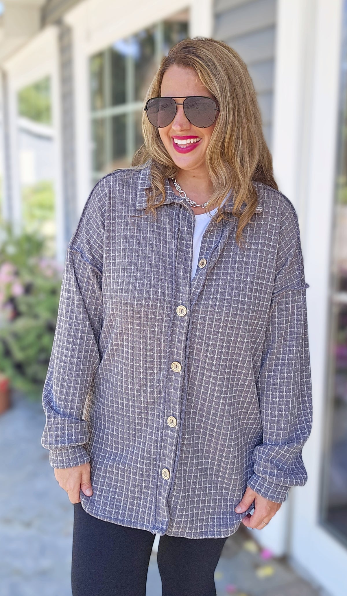 DARK GREY PLAID BUTTON DOWN SOFT KNIT TOP
