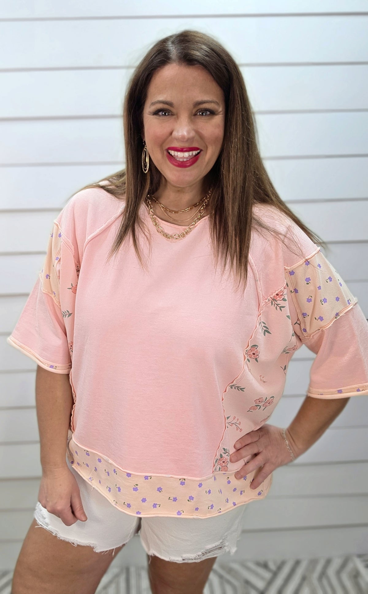 PINK 3/4 SLEEVE FLORAL CONTRAST FRENCH TERRY OVERSIZED TOP