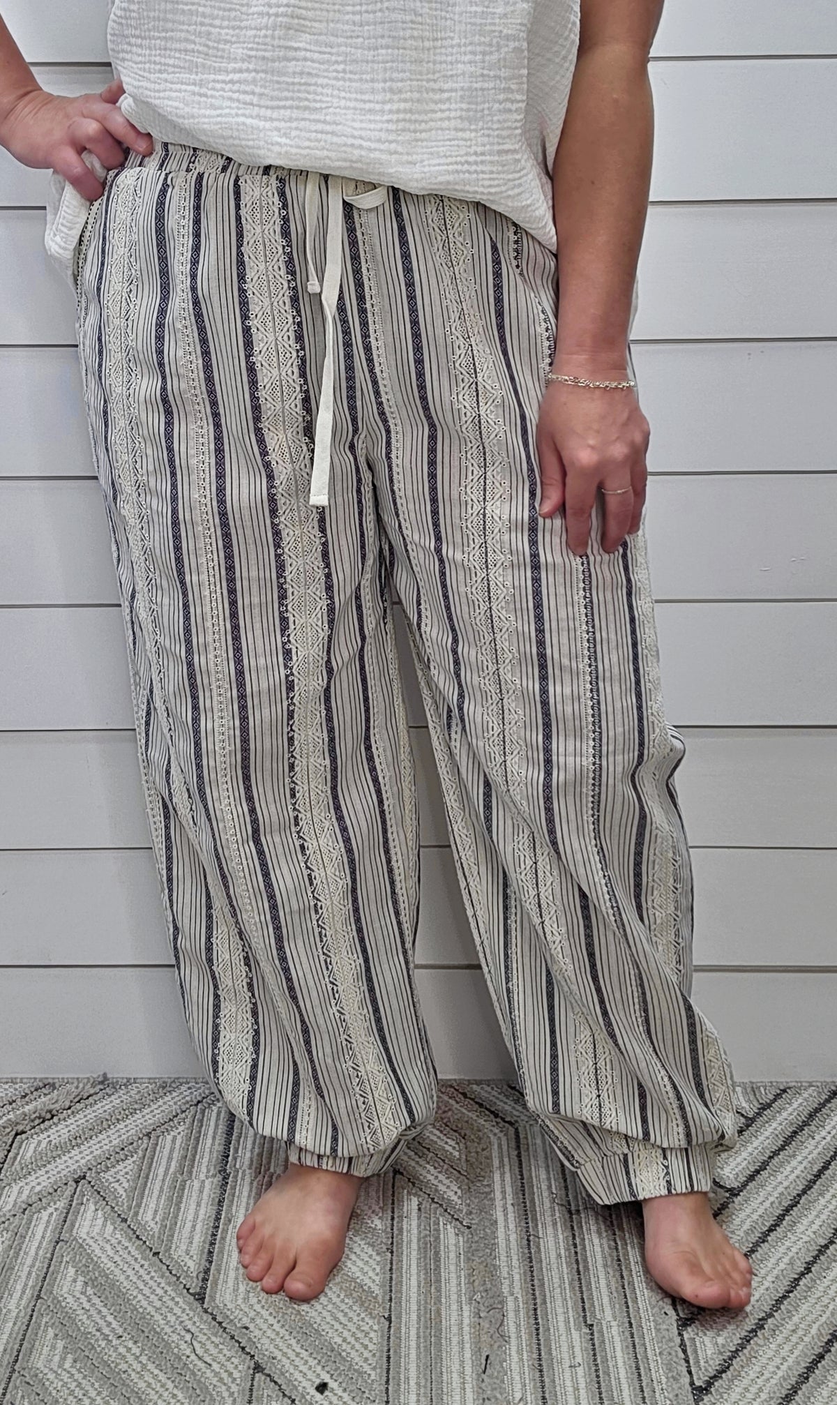 OATMEAL/NAVY STRIPED LOOSE FIT JOGGERS W/ LACE TRIM