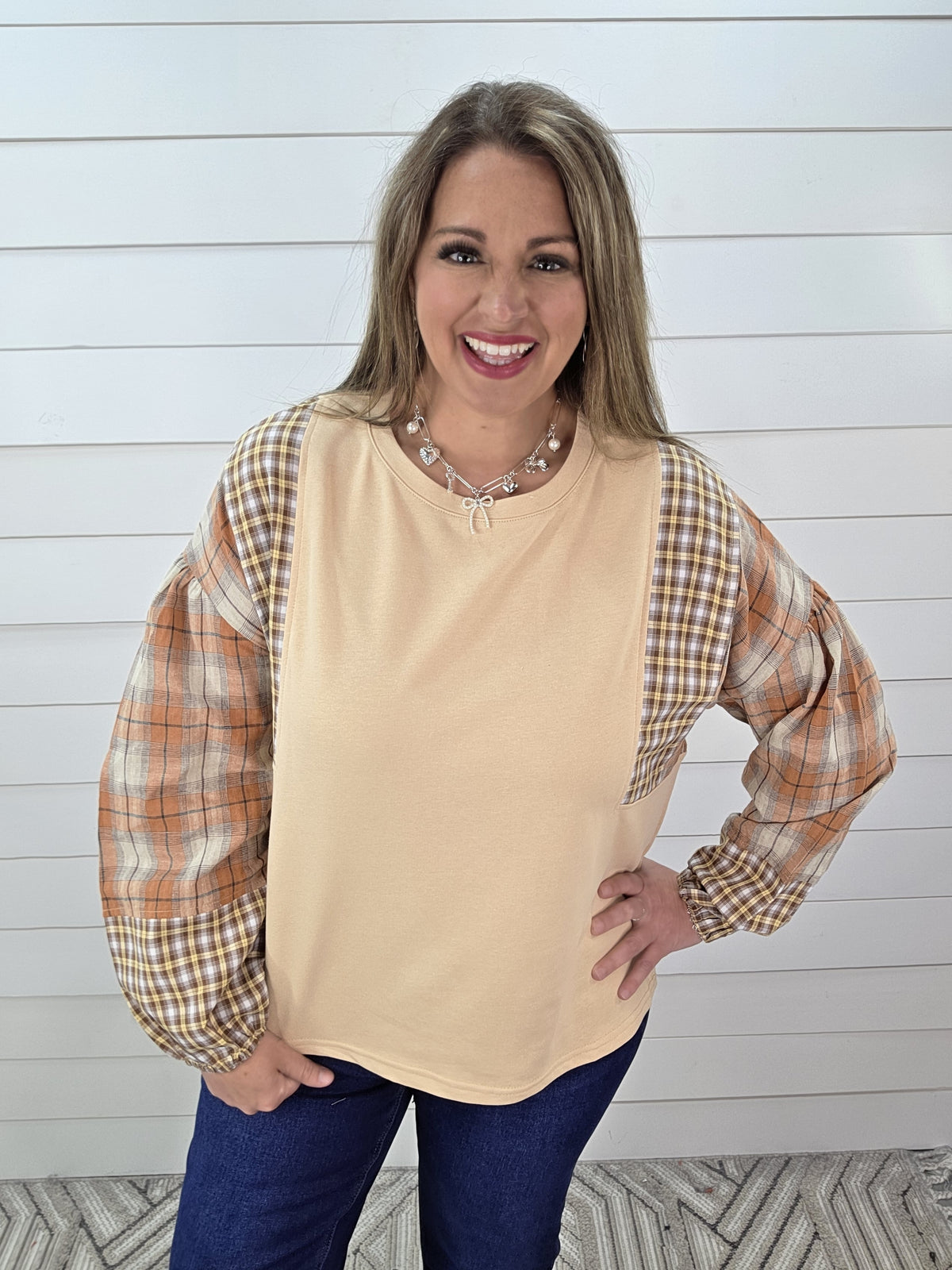 OATMEAL/RUST PLAID CONTRAST FRENCH TERRY TOP
