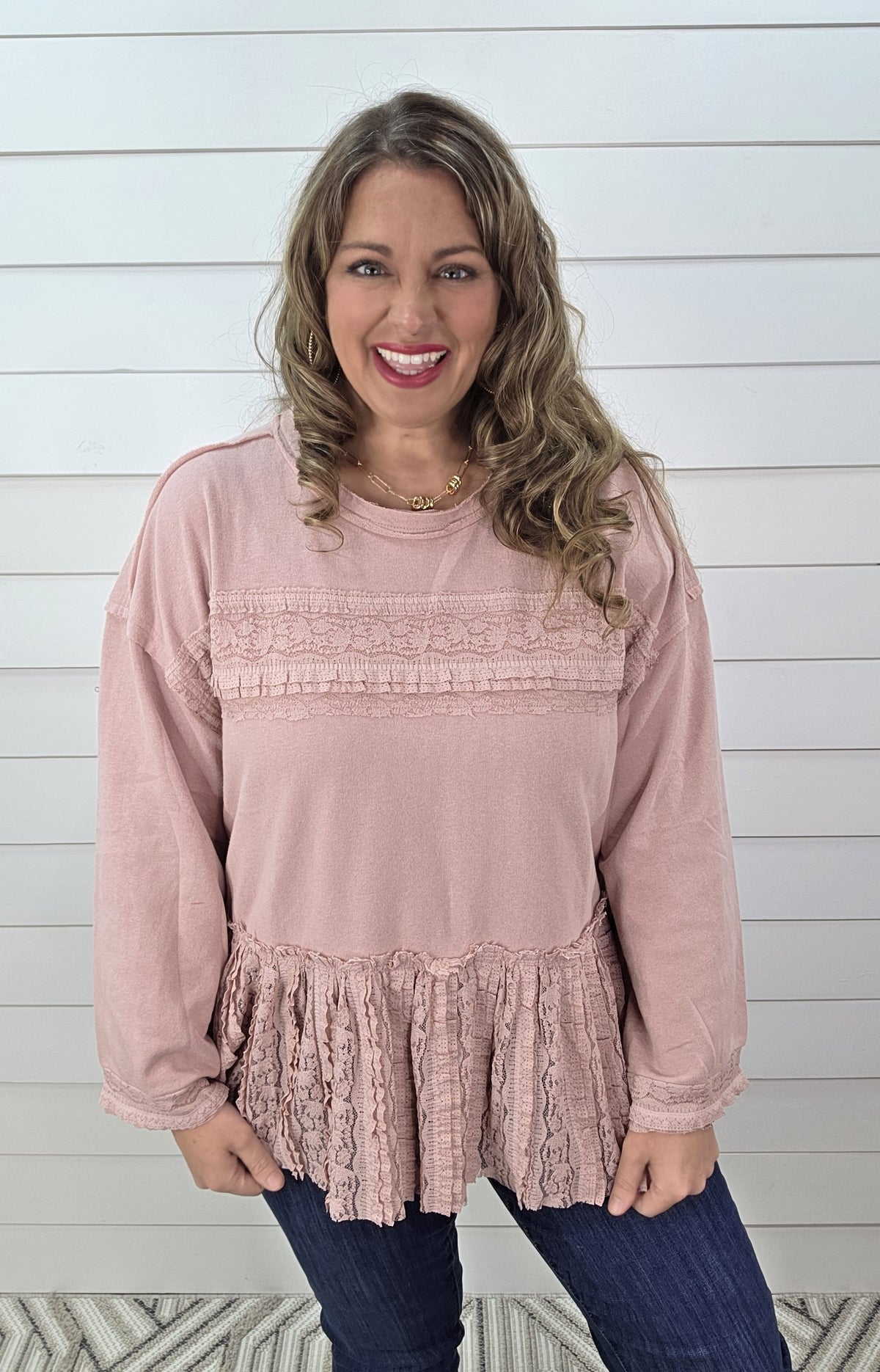 DUSTY ROSE LACE TRIM FRILL FRENCH TERRY TOP