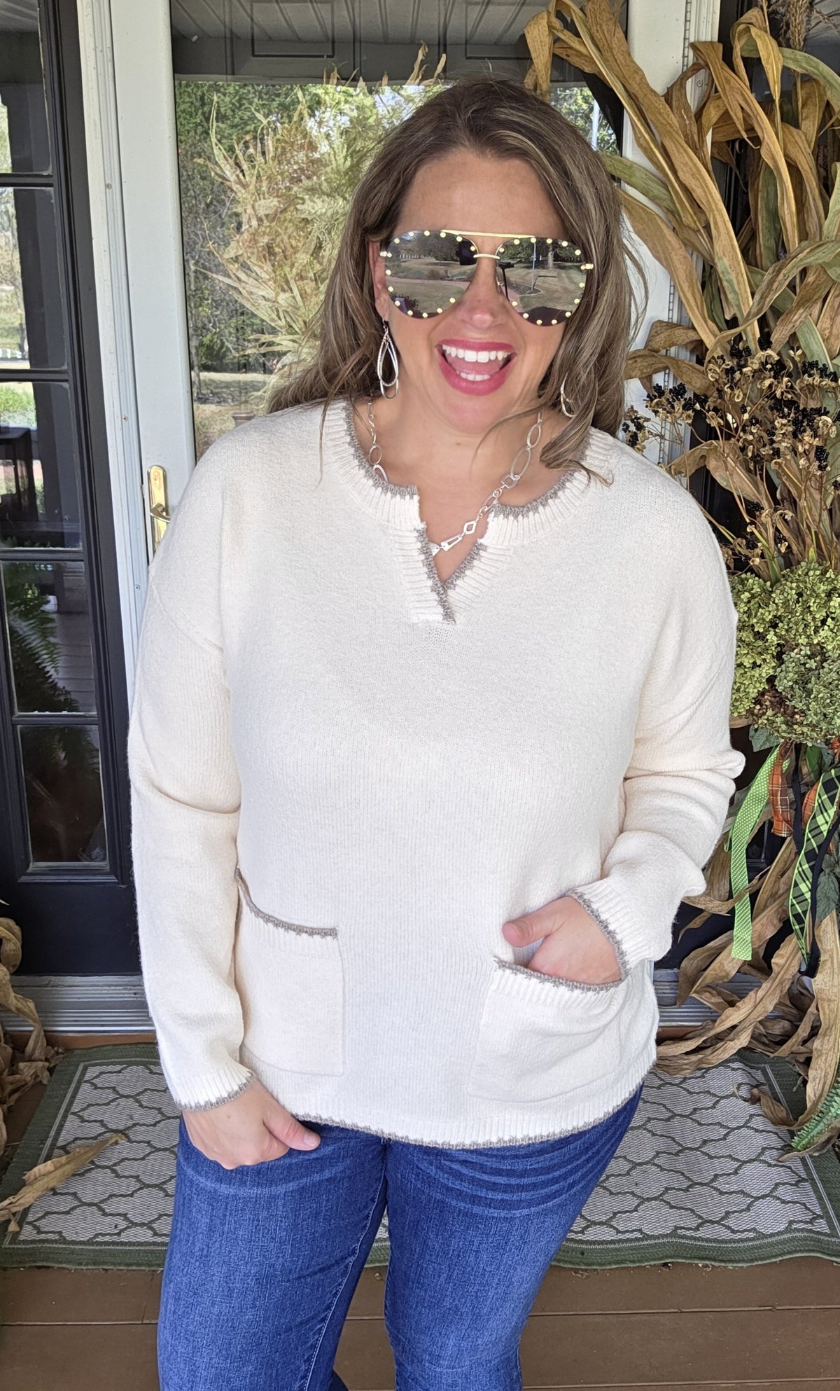 OATMEAL STITCH DETAIL DOUBLE POCKET PULLOVER SWEATER