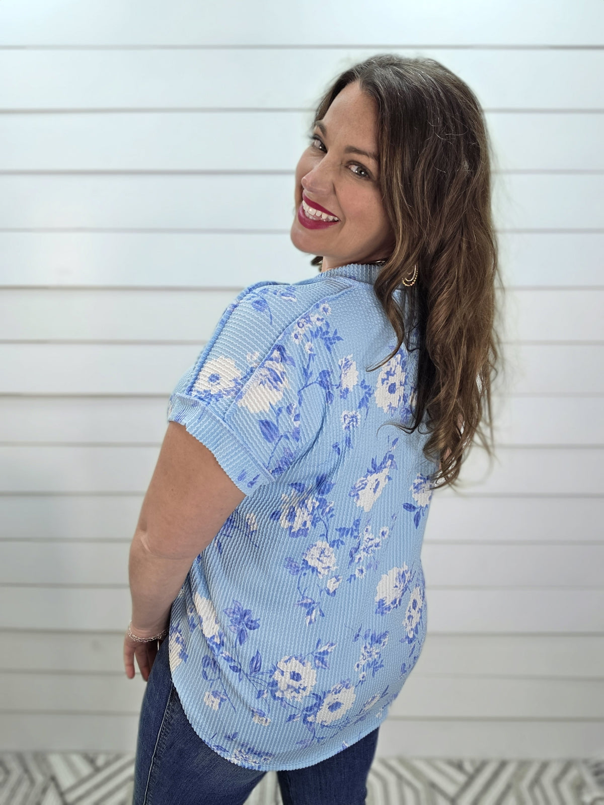 SKY BLUE RAISED RIBBED FLORAL V NECK KNIT TOP