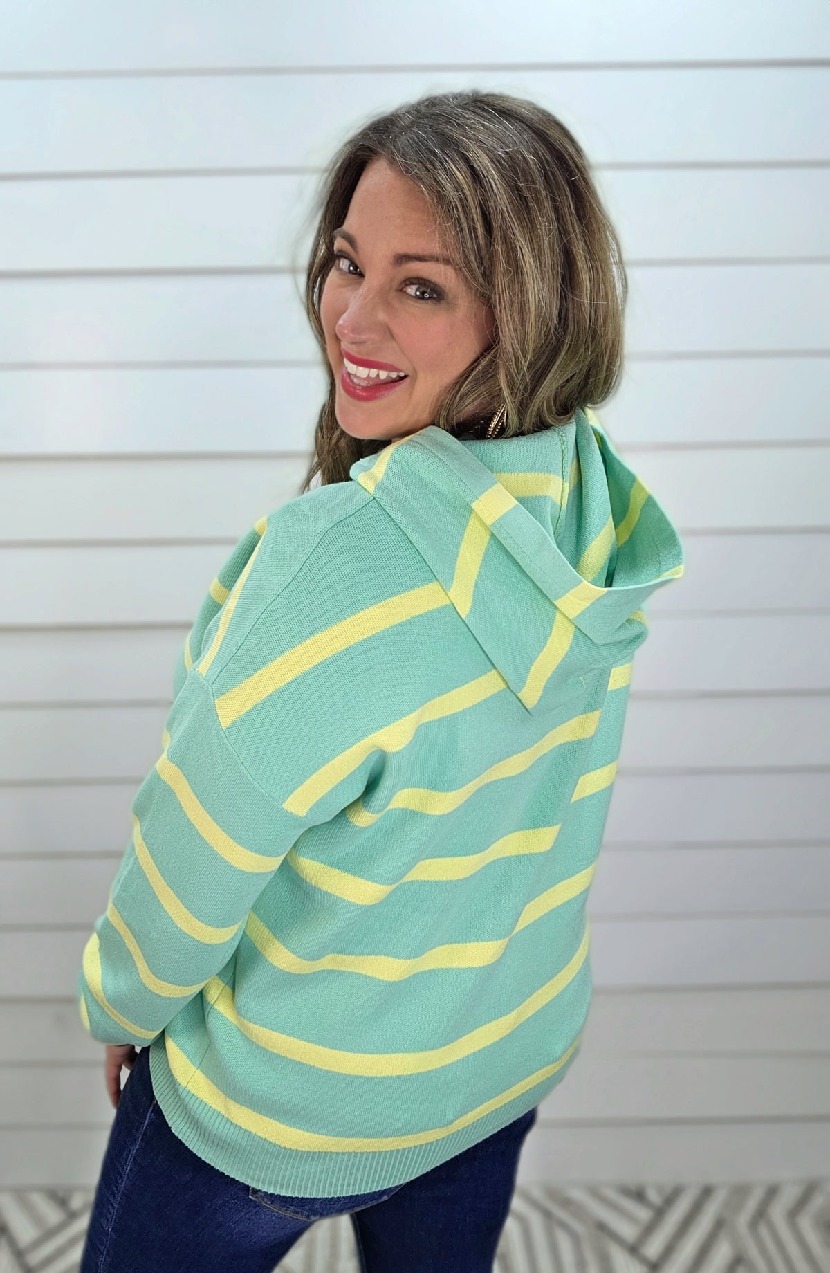 MINT/YELLOW BUTTON HENLEY HOODED KNIT PULLOVER SWEATER