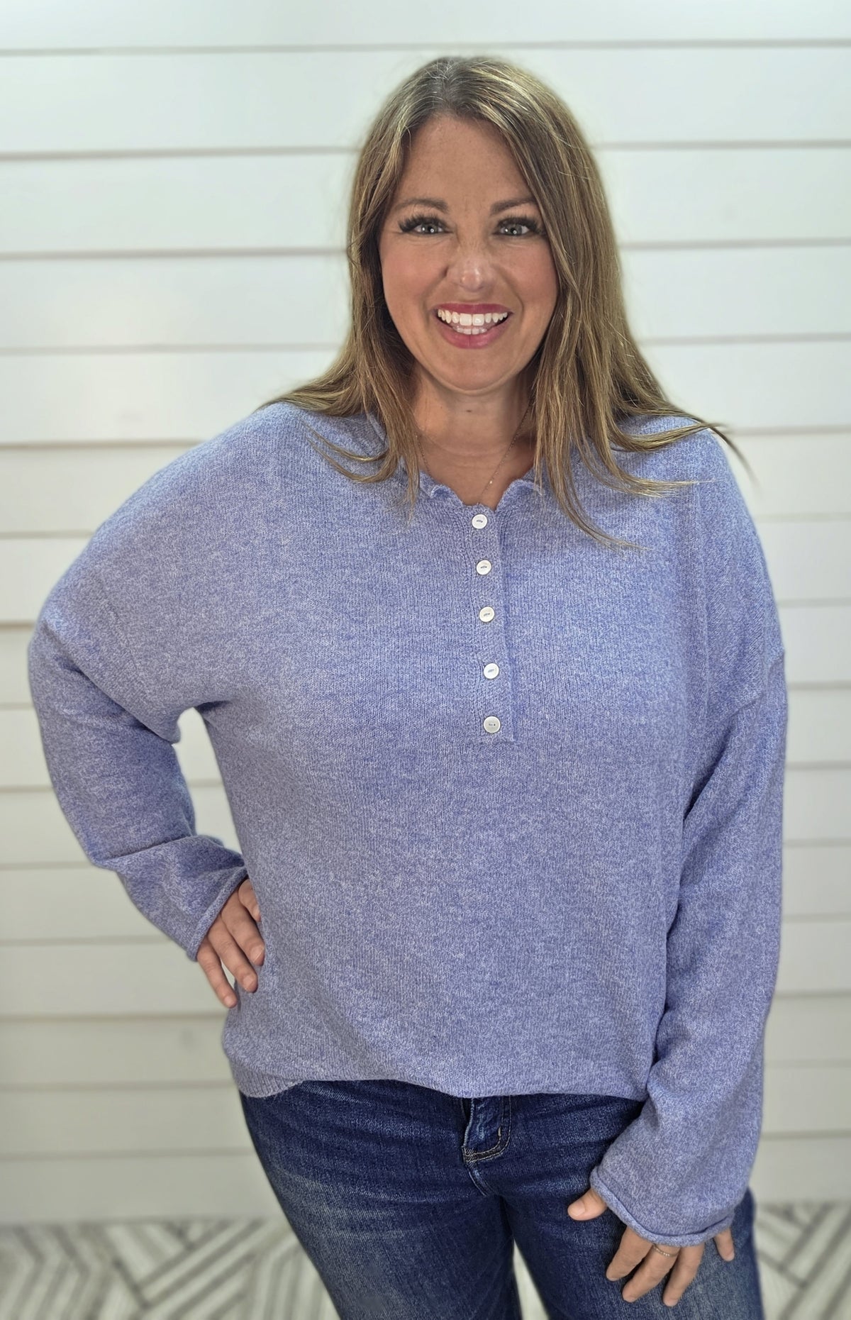 DENIM Raw Rolled Edge Henley Relaxed Pullover Sweater