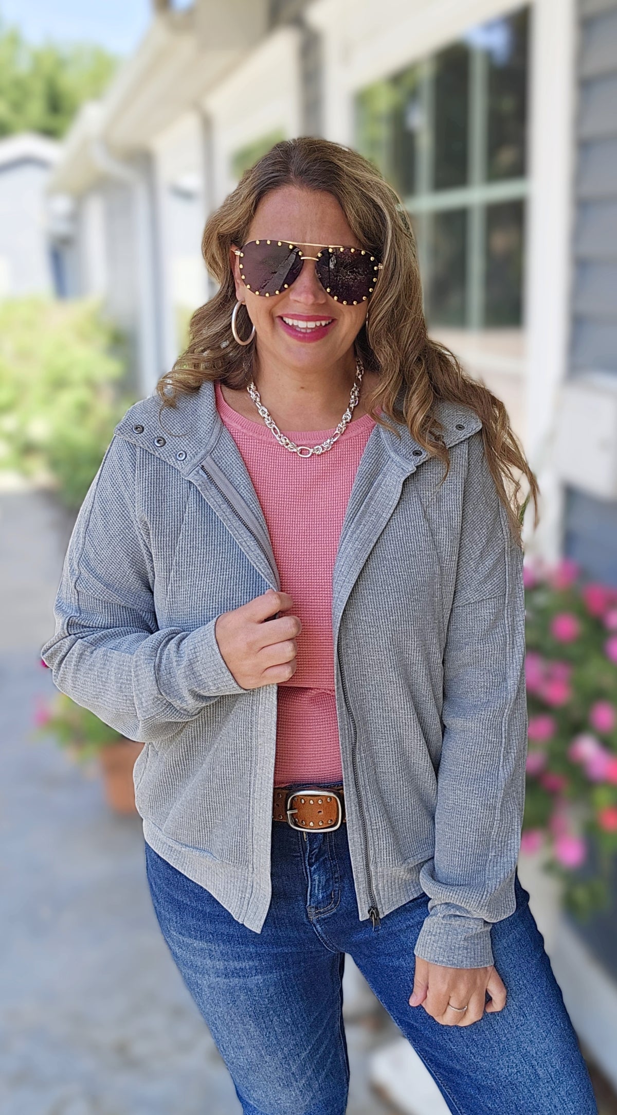 GREY WAFFLE TEXTURED ZIP UP JACKET