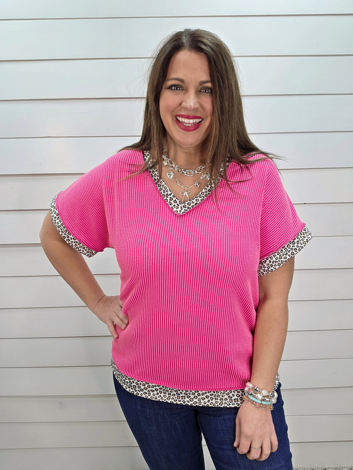 HOT PINK RAISED RIBBED TOP W/ LEOPARD TRIM