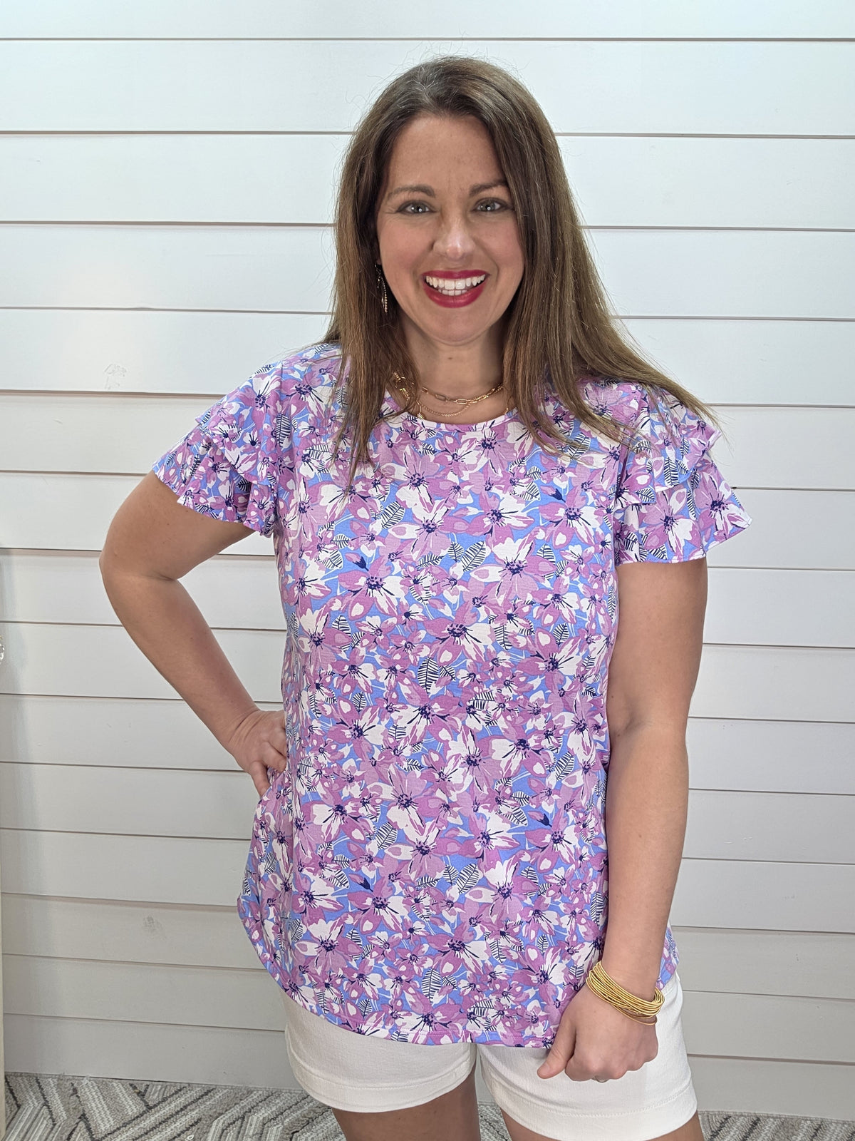 BLUE/LAVENDER FLORAL KNIT TOP W/ RUFFLE SLEEVE