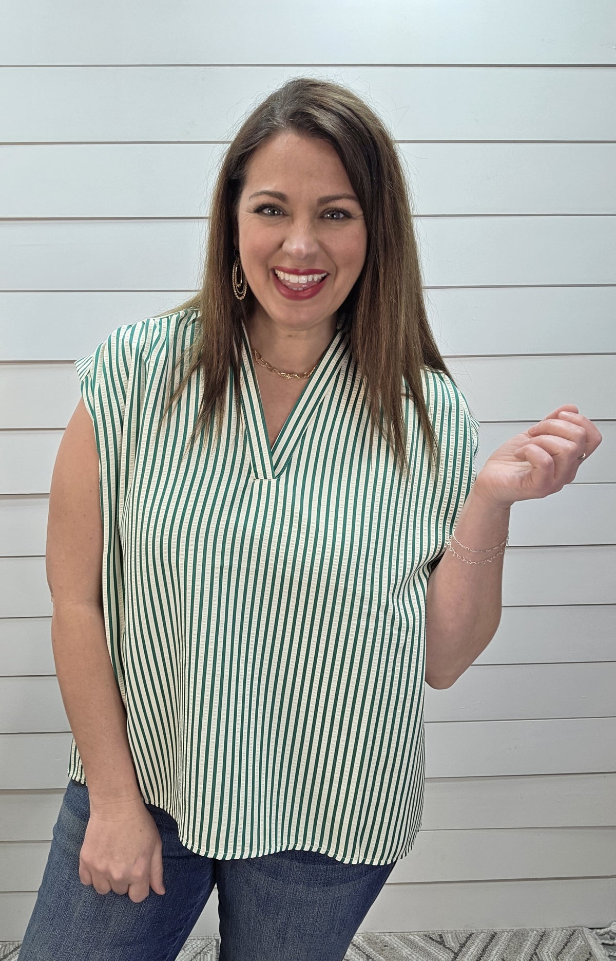 GREEN/CREAM TEXTURED STRIPED DROP SHOULDER WOVEN TOP