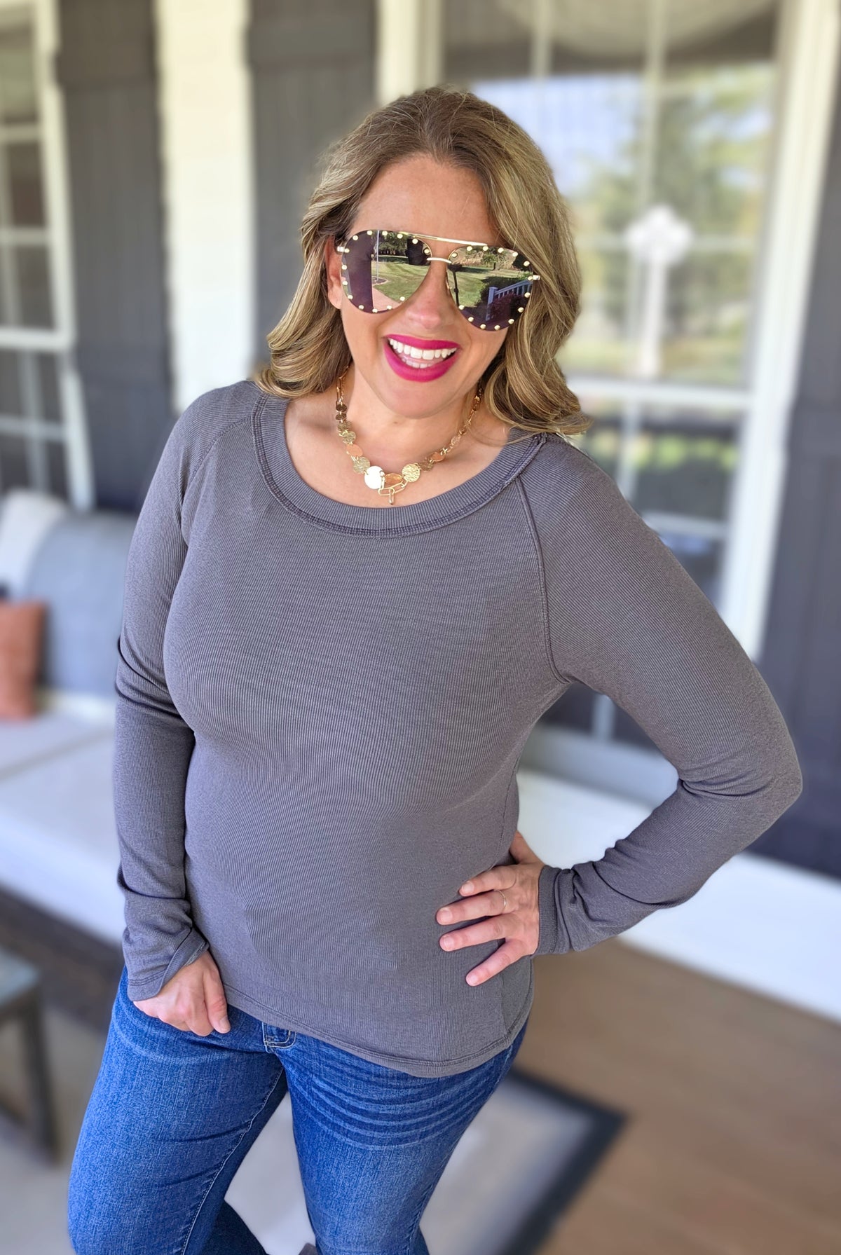 CHARCOAL RIBBED KNIT STRETCHY TOP