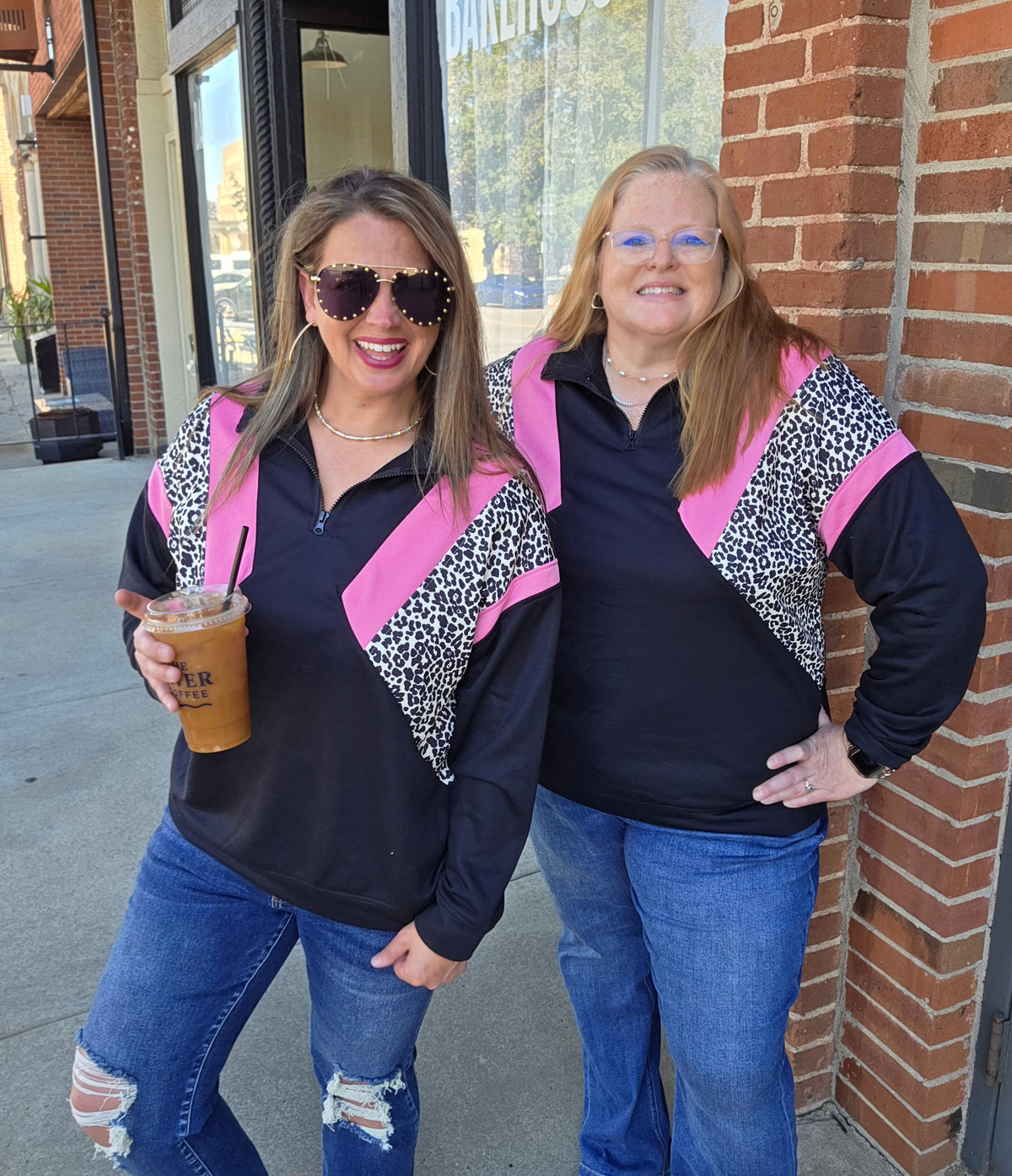 BLACK/PINK/LEOPARD COLORBLOCK FRENCH TERRY QUARTER ZIP PULLOVER