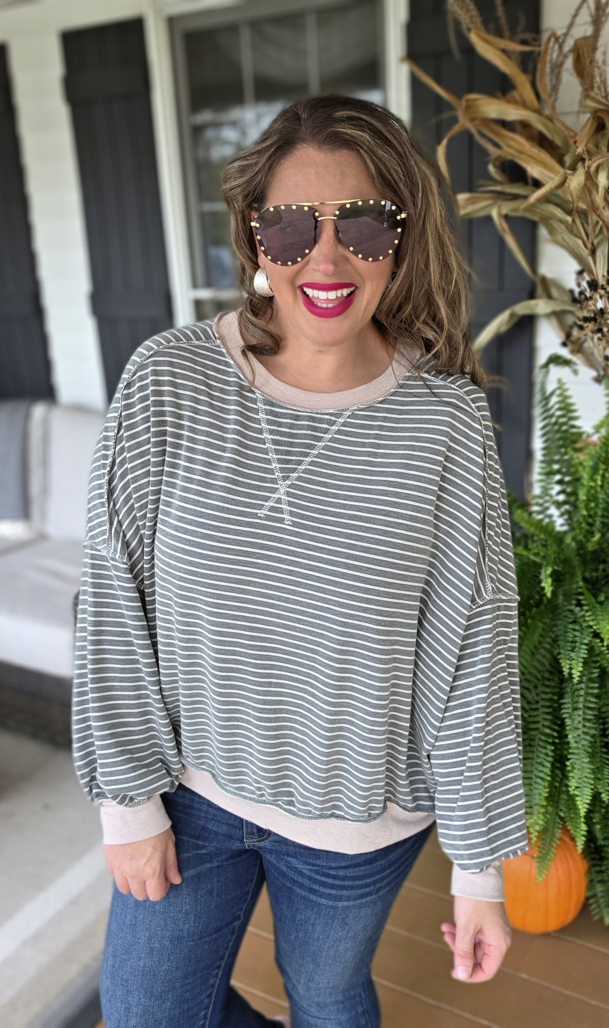 OLIVE STRIPED LOOSE FIT DROP SHOULDER TOP