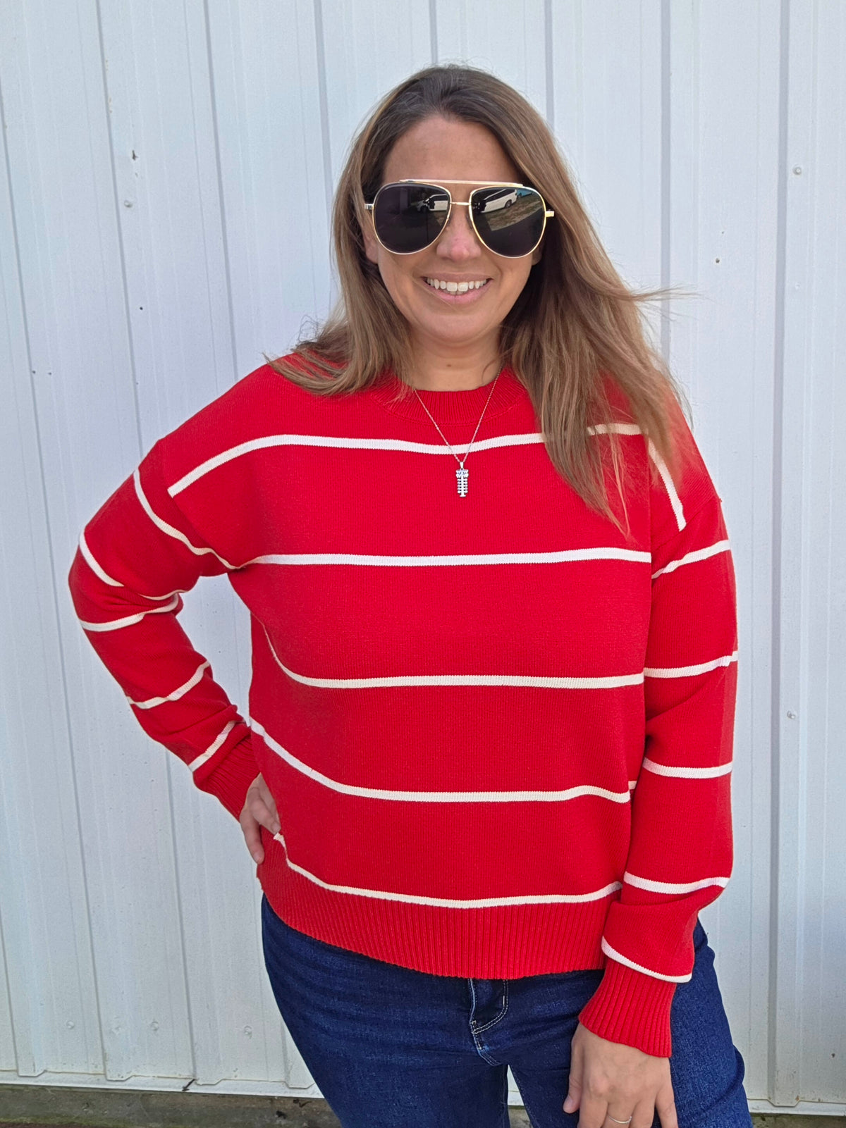 RED STRIPED KNIT SWEATER