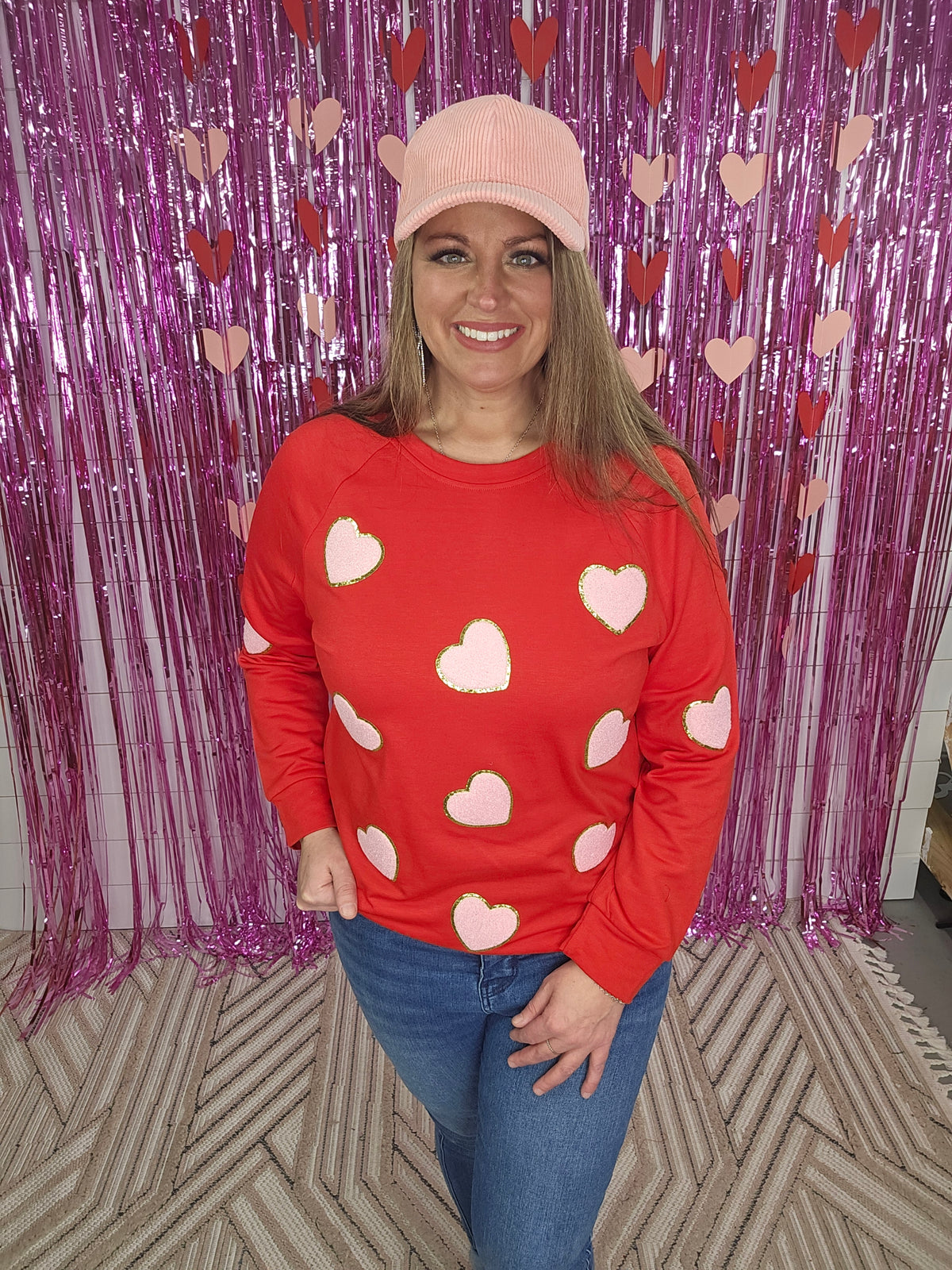 RED PULLOVER WITH PINK CHENNILE PATCH HEARTS