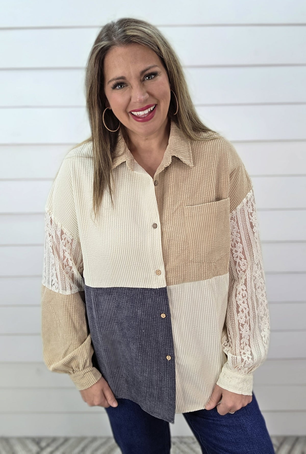 TAUPE/BEIGE/CHARCOAL CORDED/LACE BUTTON UP TOP