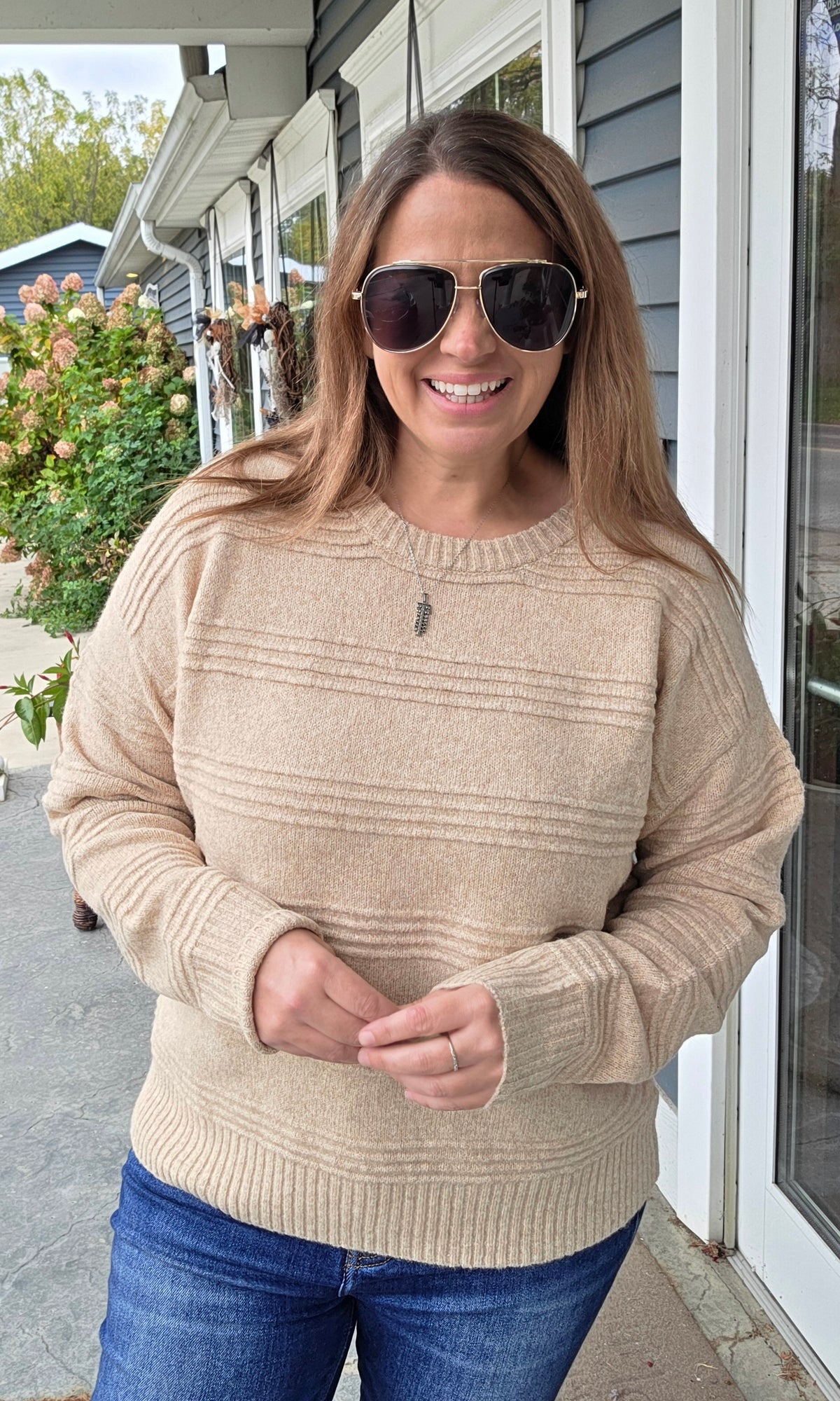 TAUPE Texture Striped, Crew Neck, Long Sleeve Pullover Sweater