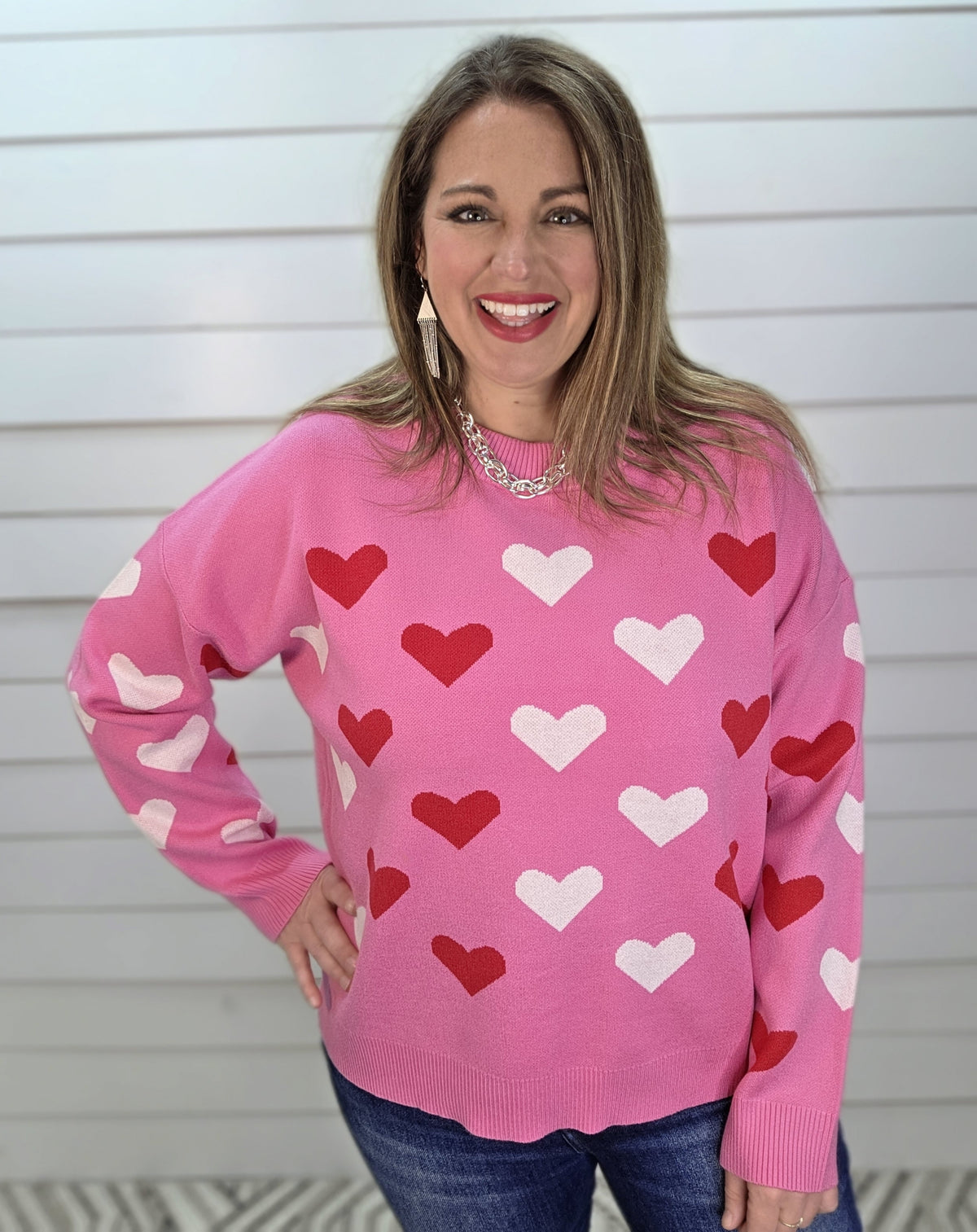 HOT PINK HEART CREW NECK SWEATER