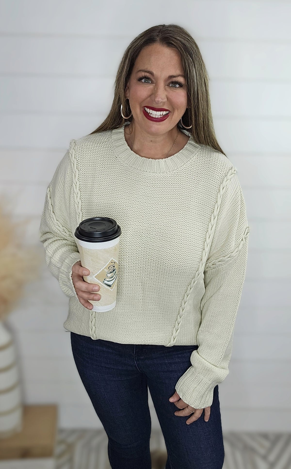 OATMEAL BRAID TRIM SWEATER