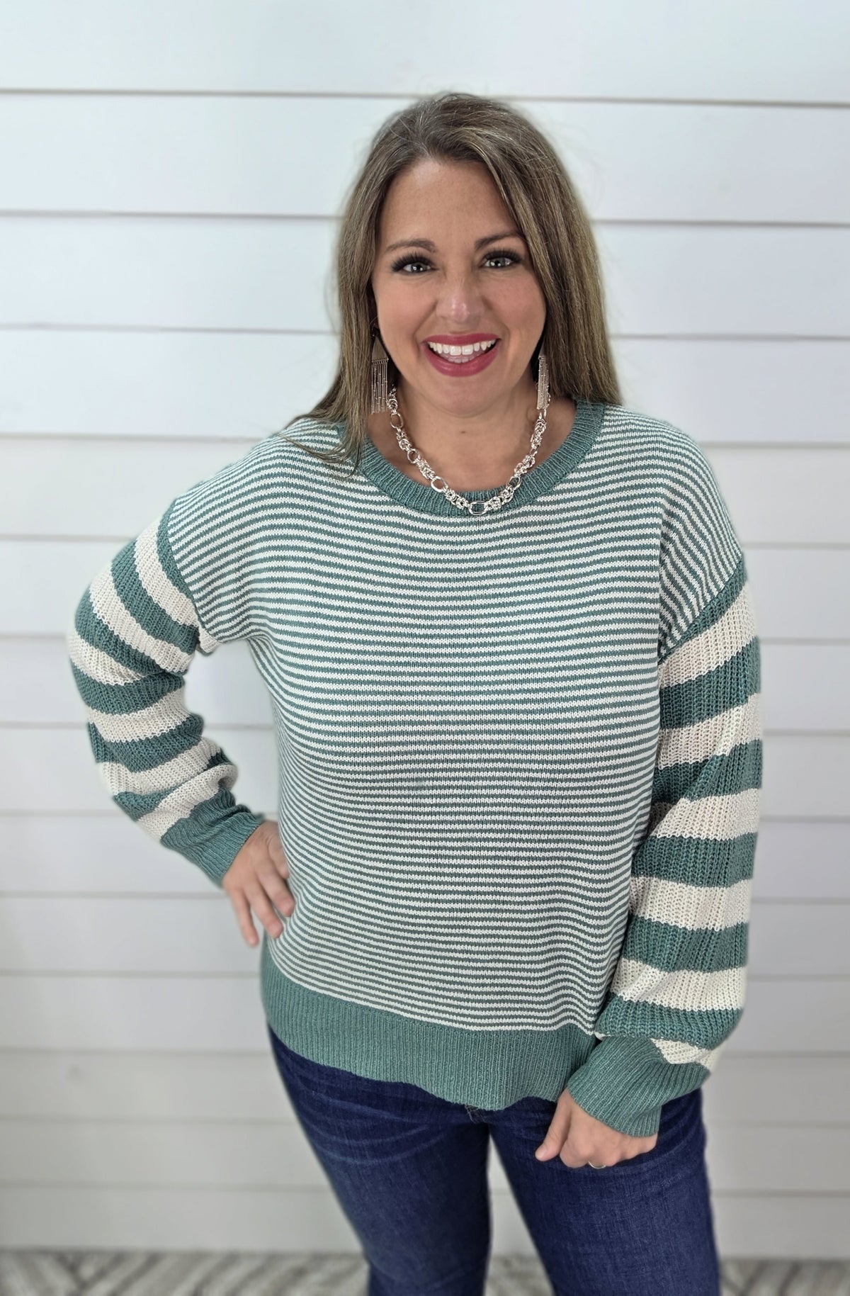 TEAL MIXED STRIPED PULLOVER SWEATERh