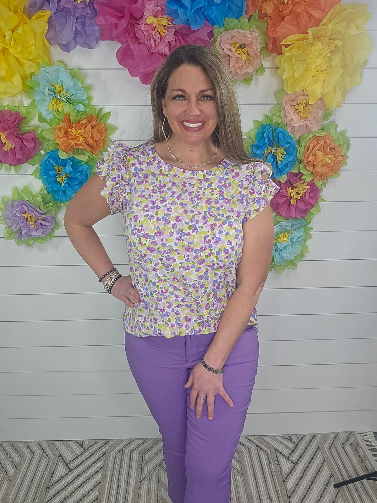 LILAC FLORAL RUFFLE SLEEVE TOP