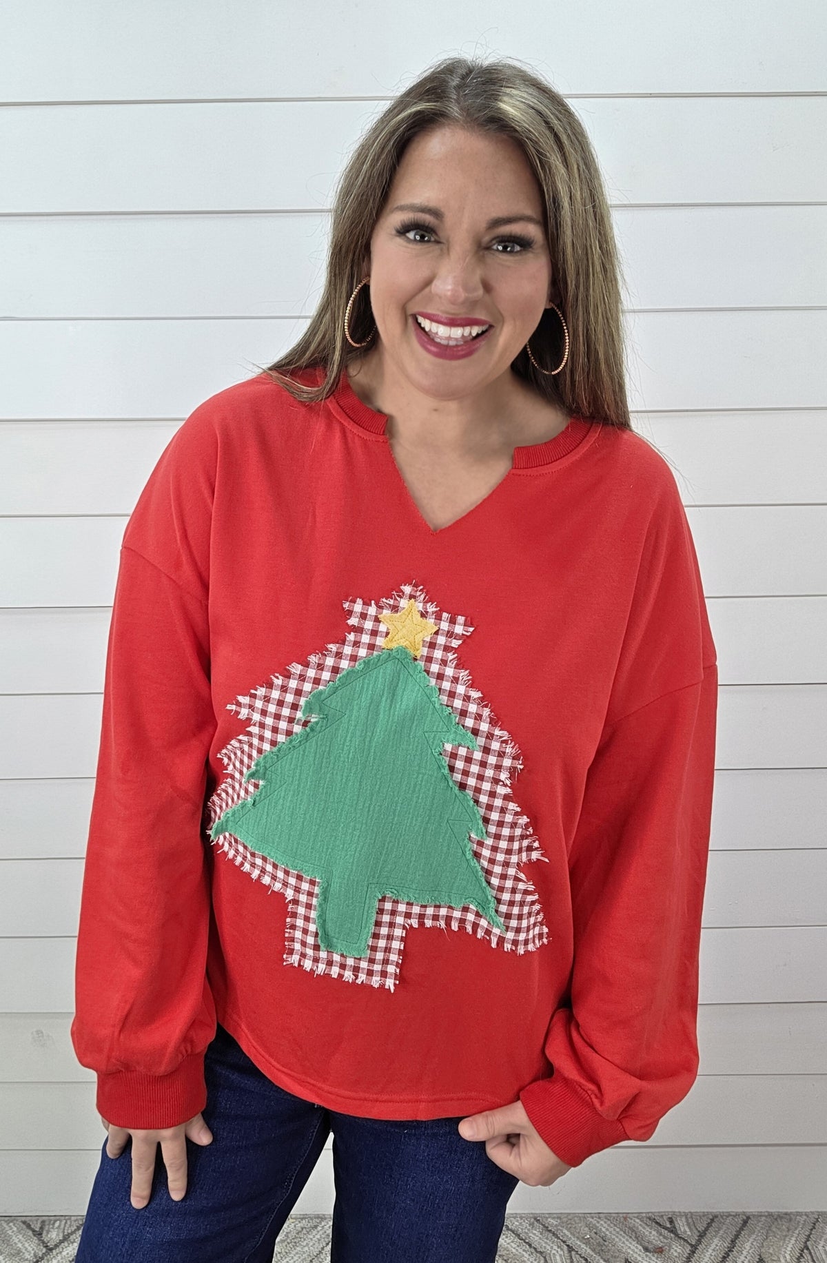 RED FRENCH TERRY PULLOVER W/ RAW EDGE TREE