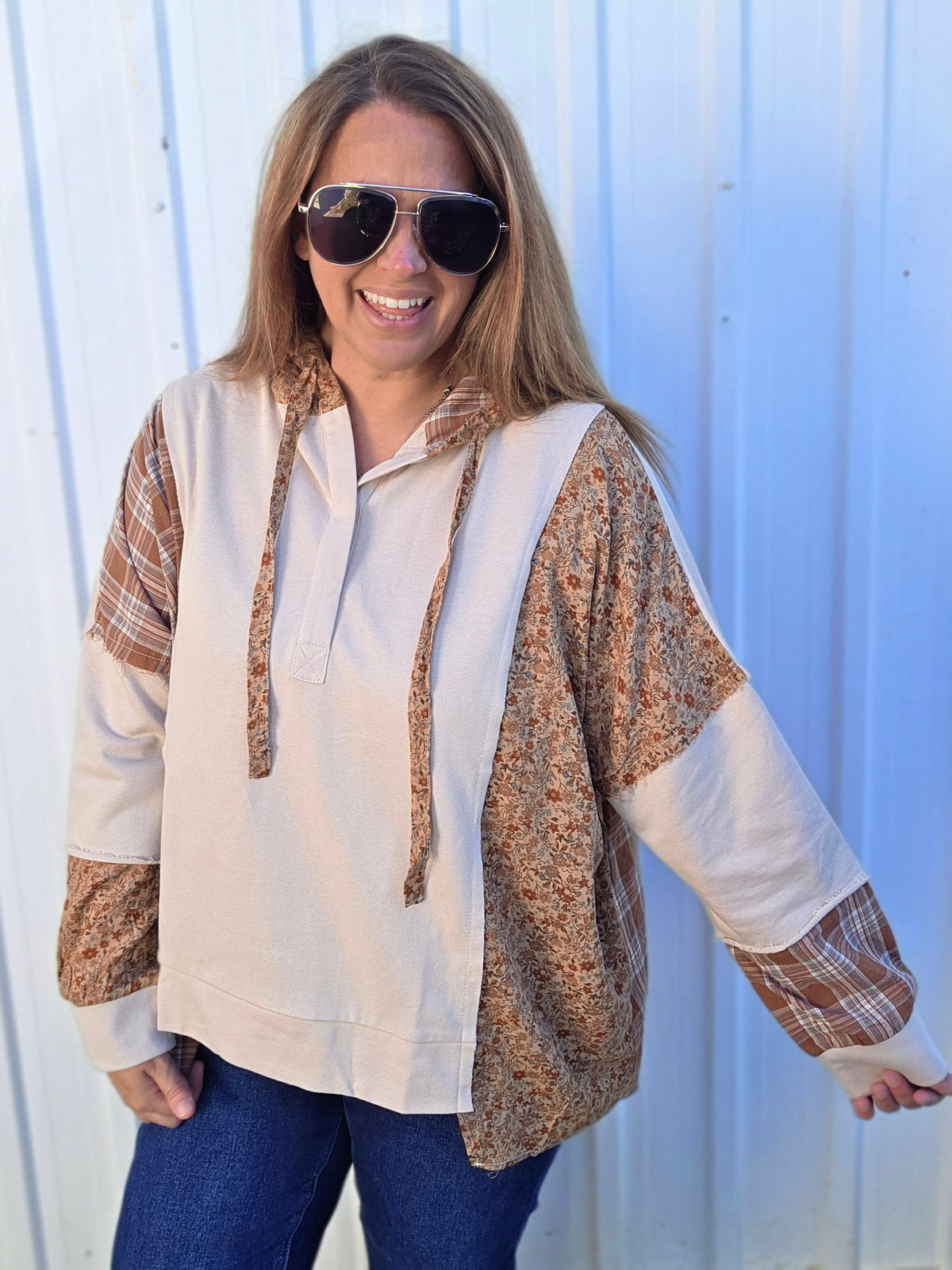 Oatmeal Snap Button Down Plaid Check Floral Print Color Block With Cut Edge Detail Drop Light Weight Hoodie