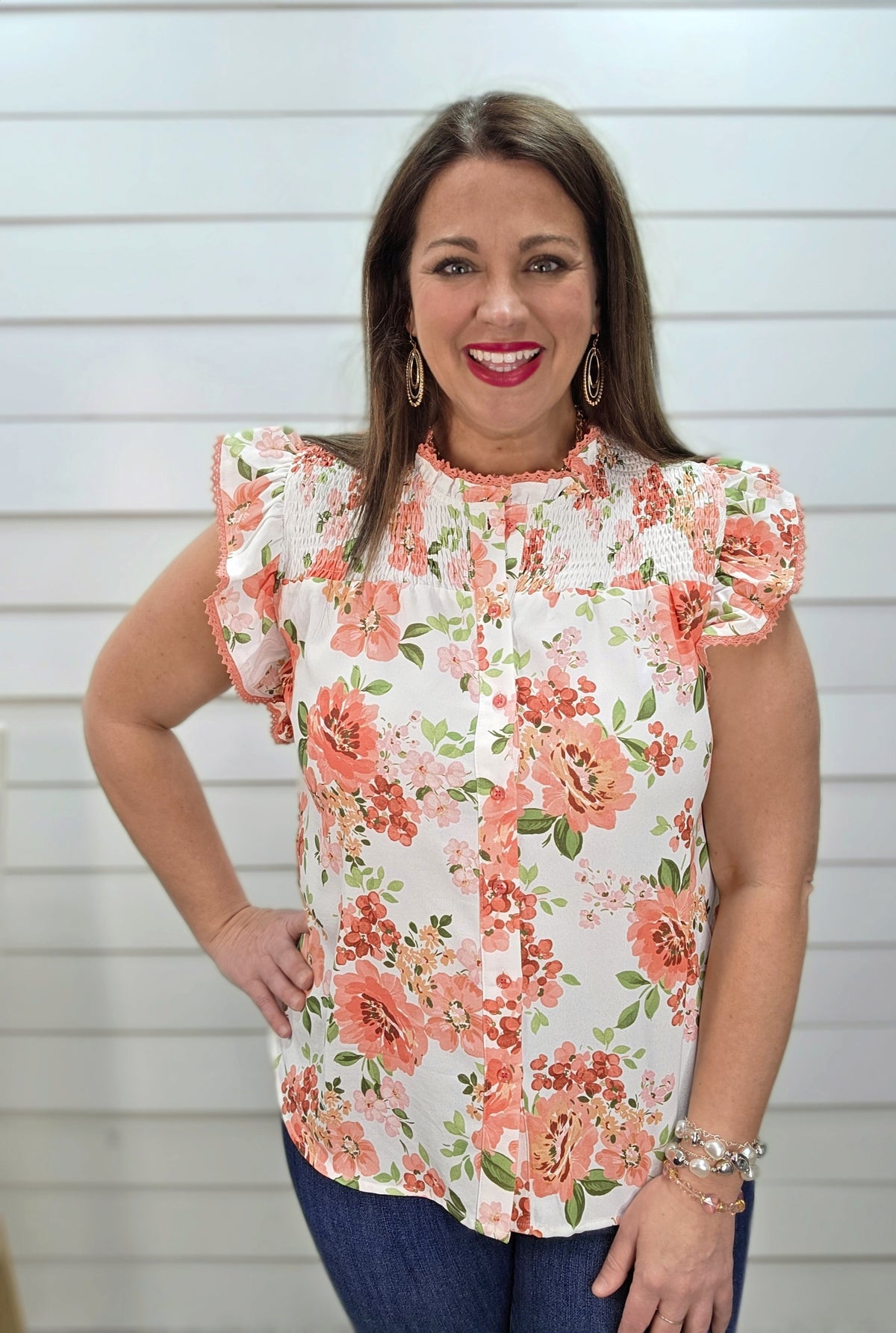 IVORY/CORAL FLORAL LACE TRIM BUTTON DOWN RUFFLE SLEEVE WOVEN TOP