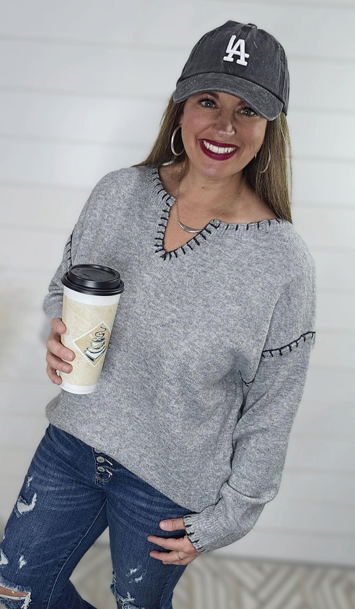 HEATHER GREY BLANKET STITCH NOTCHED NECKLINE PULLOVER SWEATER