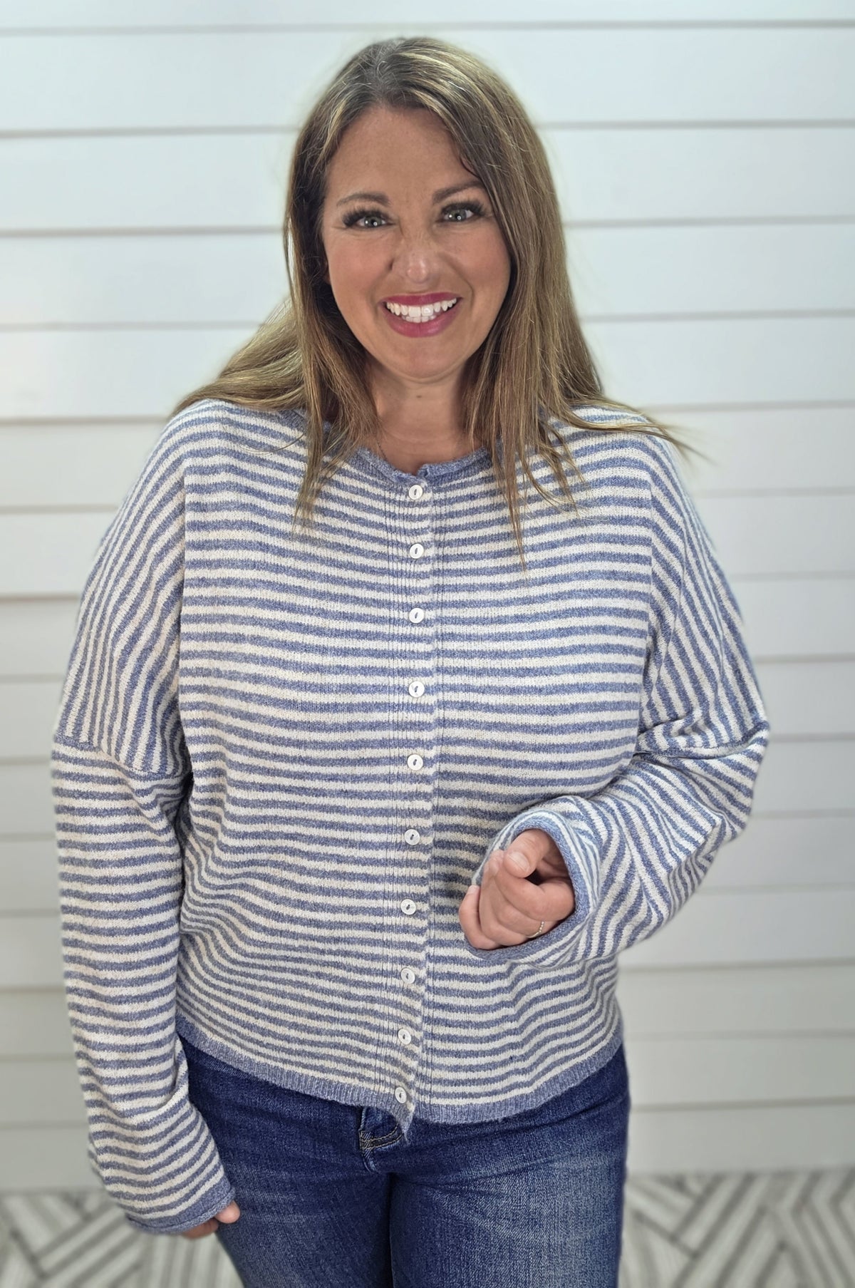 DUSTY BLUE STRIPED BUTTON DOWN LOOSE FIT SWEATER