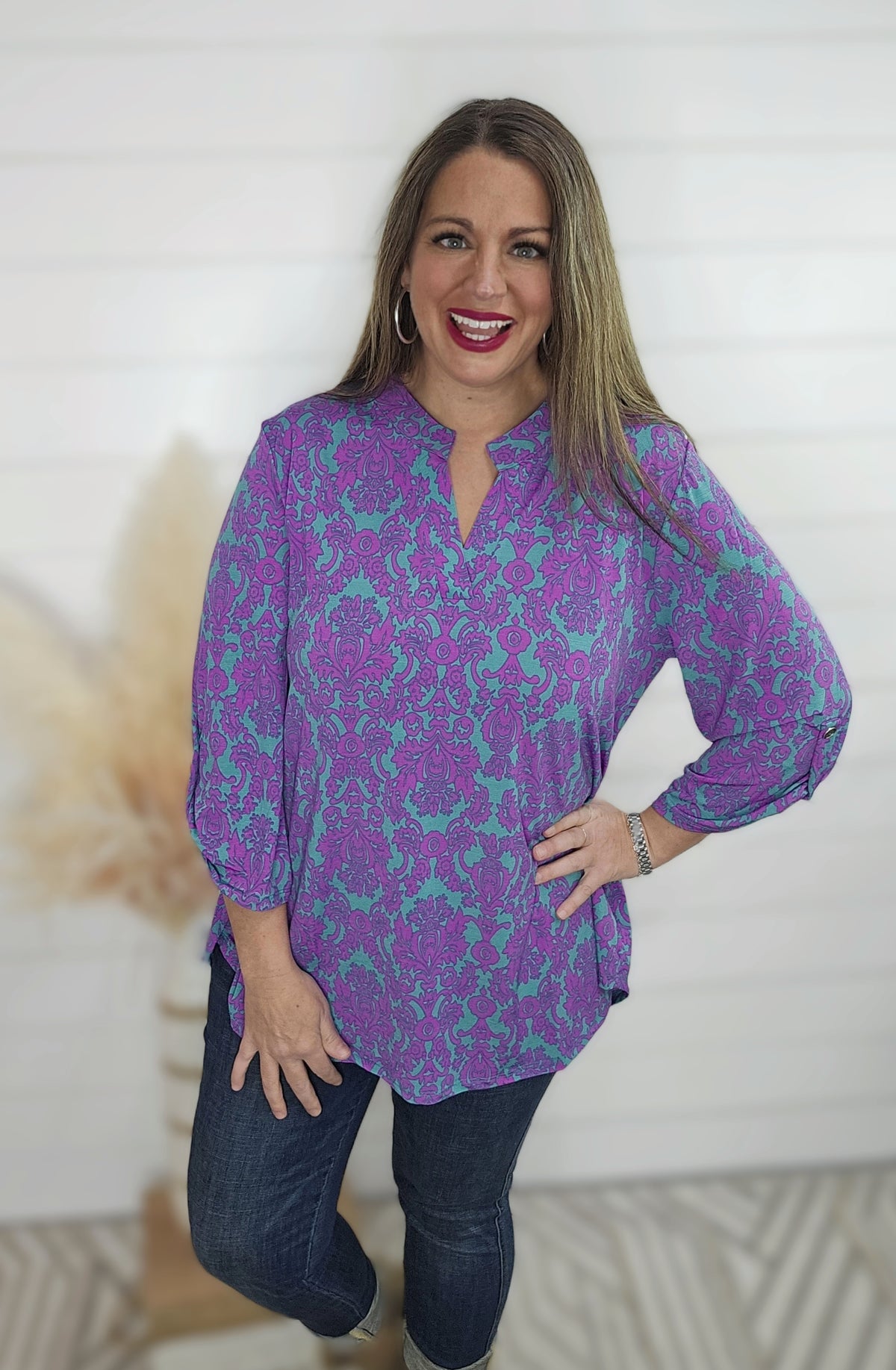 TEAL/MAGENTA 3/4 SLEEVE LIZZY TOP