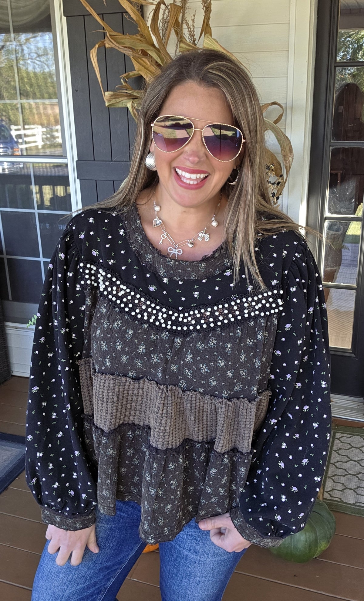 POL BLACK MINERAL WASH OVERSIZED PEARL TRIM TOP