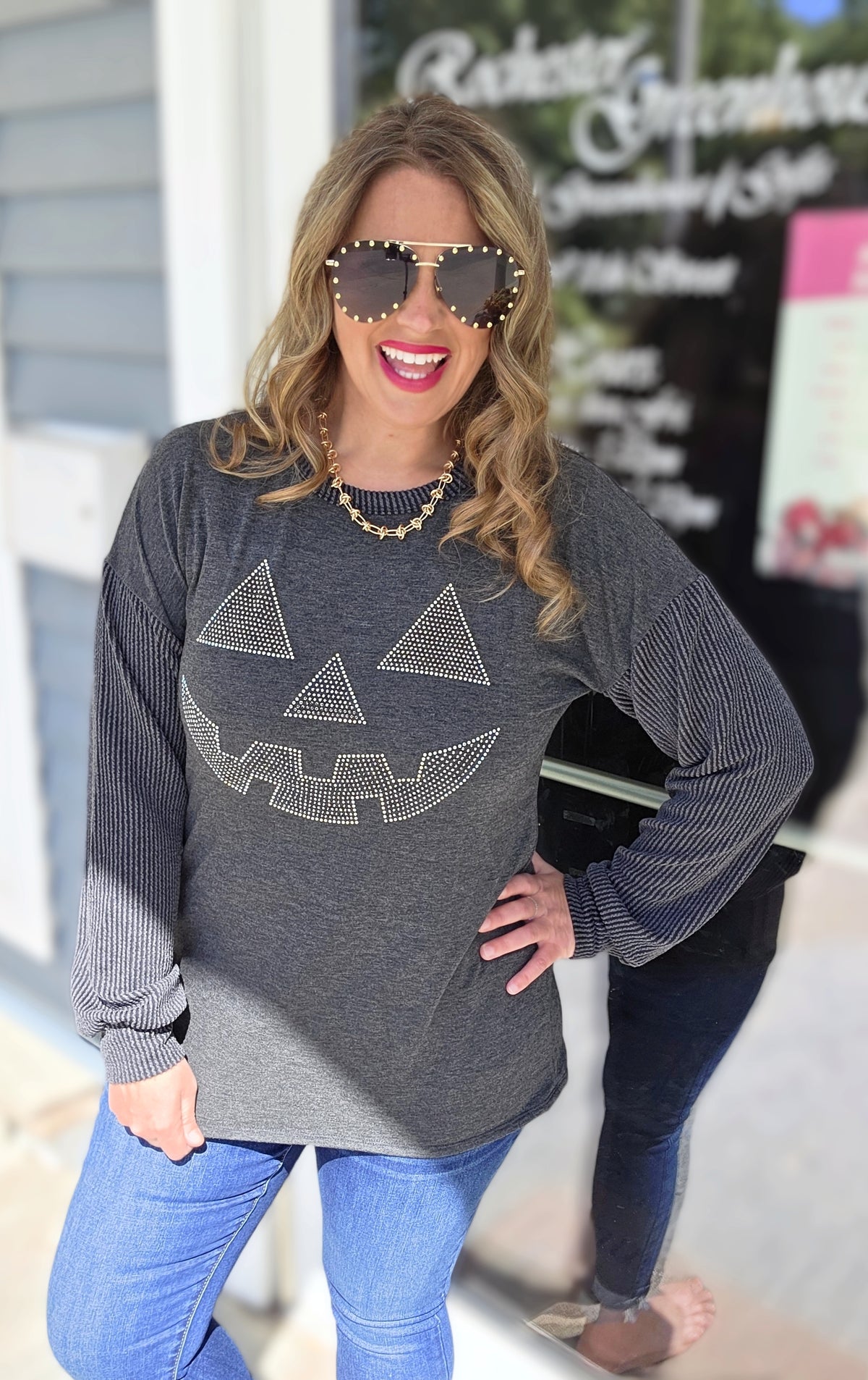 CHARCOAL CONTRAST KNIT TOP WITH RHINESTONE JACK O LANTERN FACE