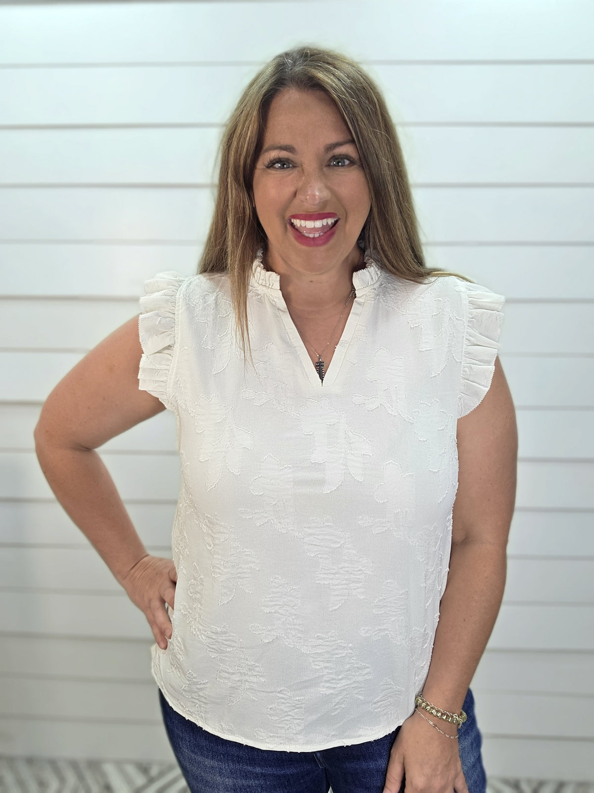 IVORY FLORAL TEXTURED SLEEVELESS RUFFLE TRIM WOVEN TOP
