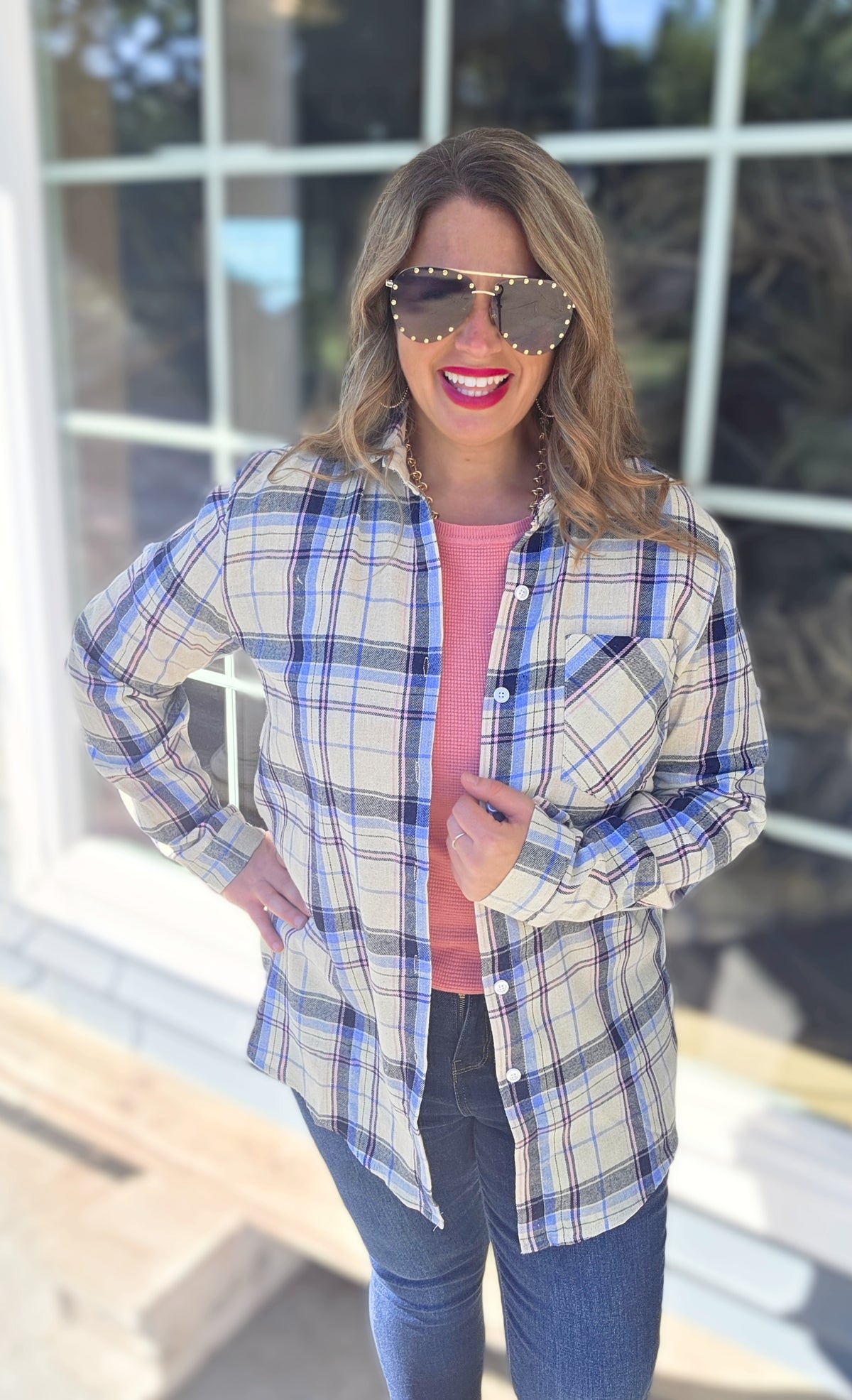 BEIGE/BLUE/PINK PLAID BUTTON UP TOP W/ ROLL UP SLEEVES