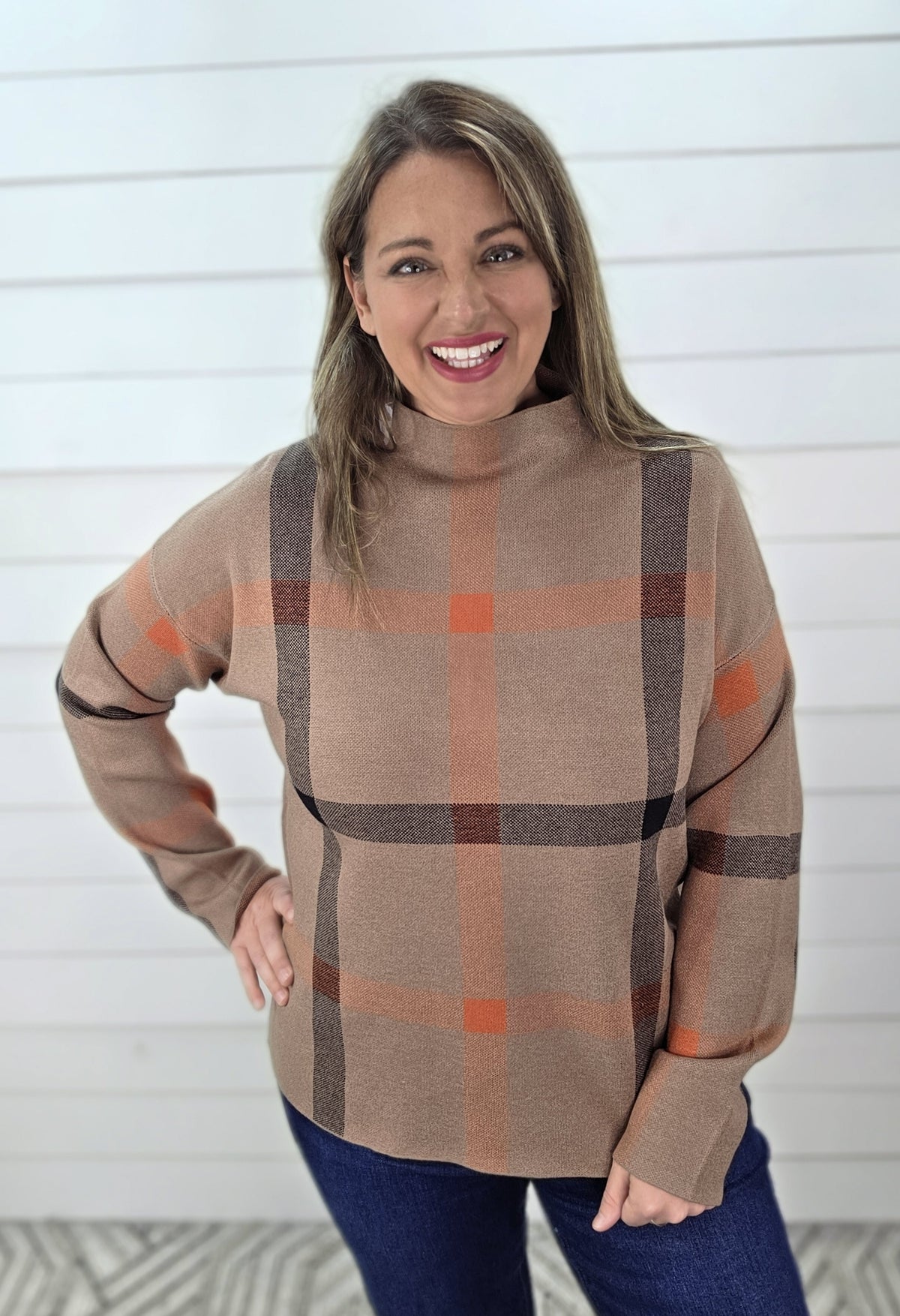 MOCHA PLAID HIGH NECK PULLOVER SWEATER