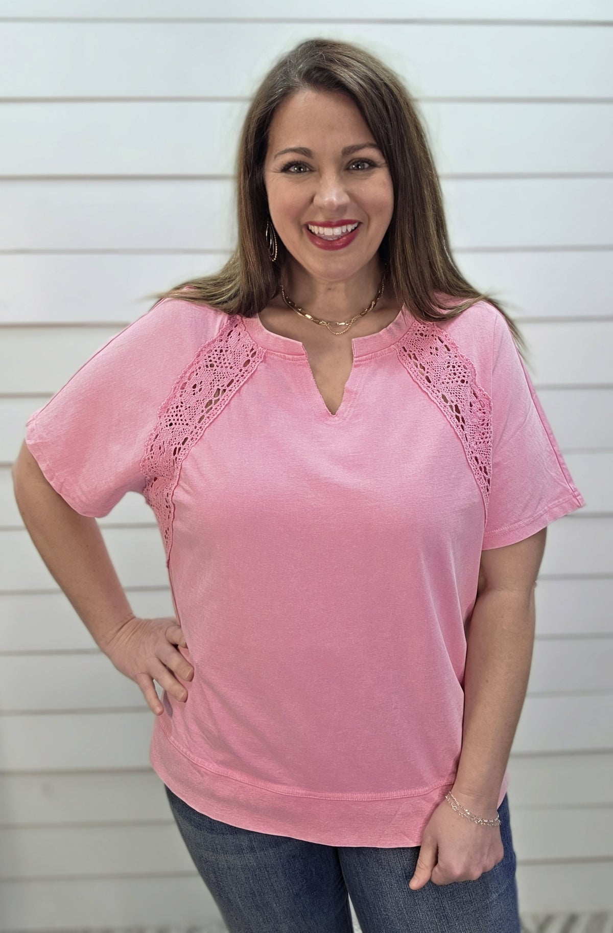 PINK MINERAL WASH LACE TRIM TOP