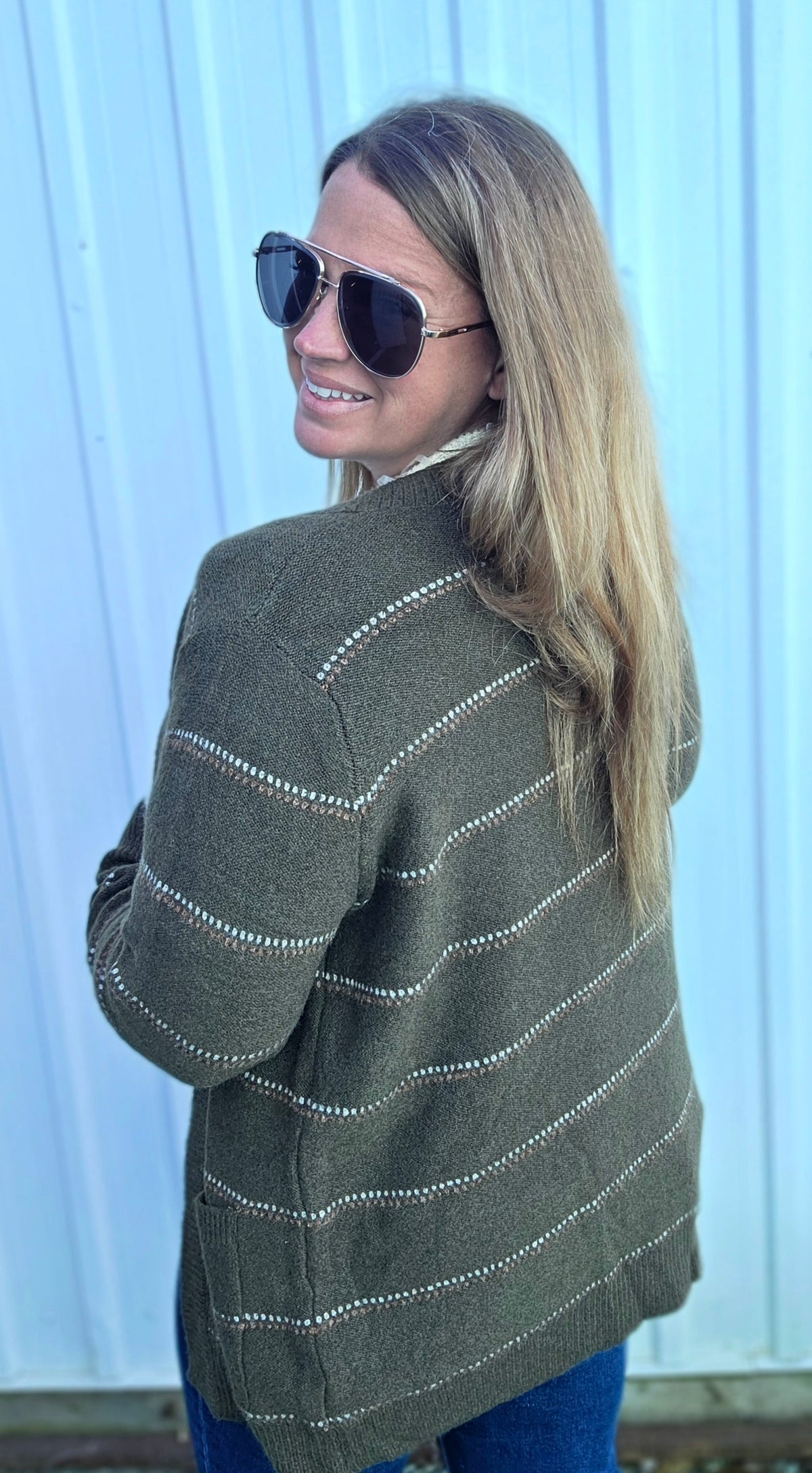 Olive Texture Multi Striped, Open Front Cardigan