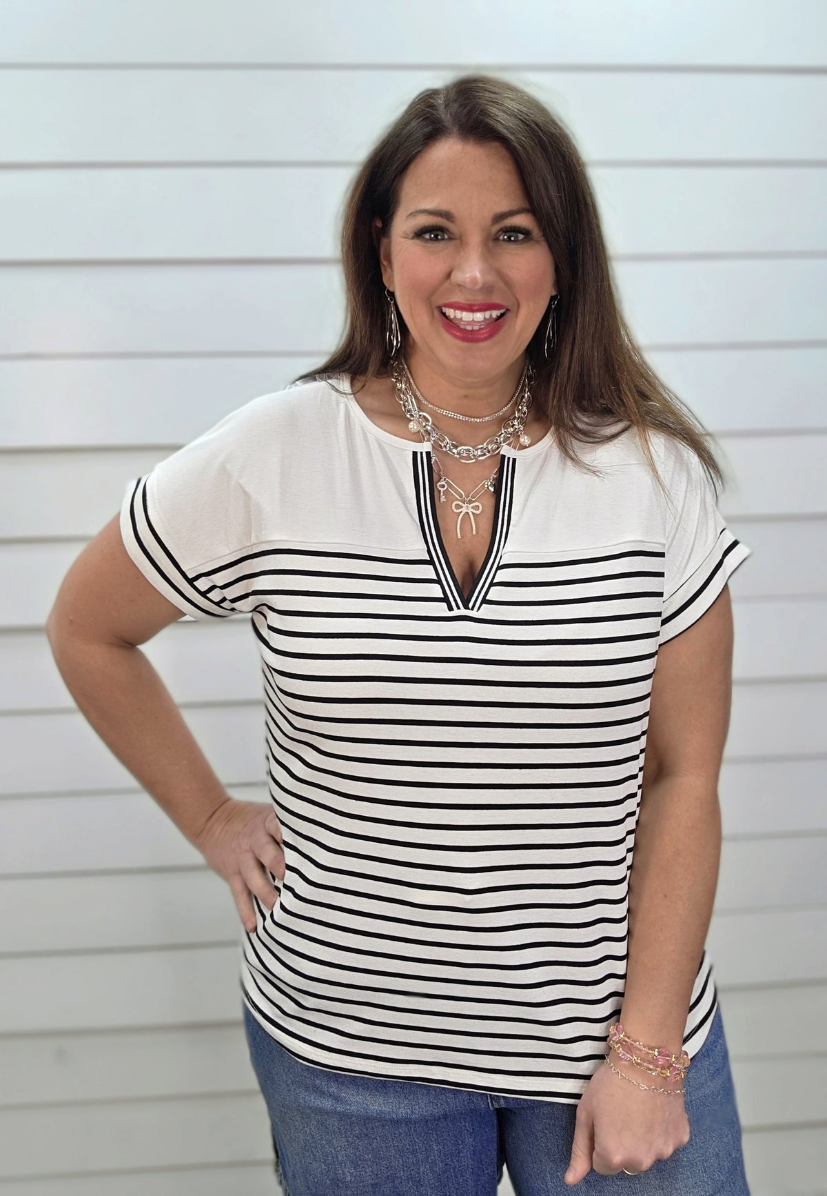 BLACK & WHITE STRIPED COLORBLOCK V NECK FRENCH TERRY KNIT TOP