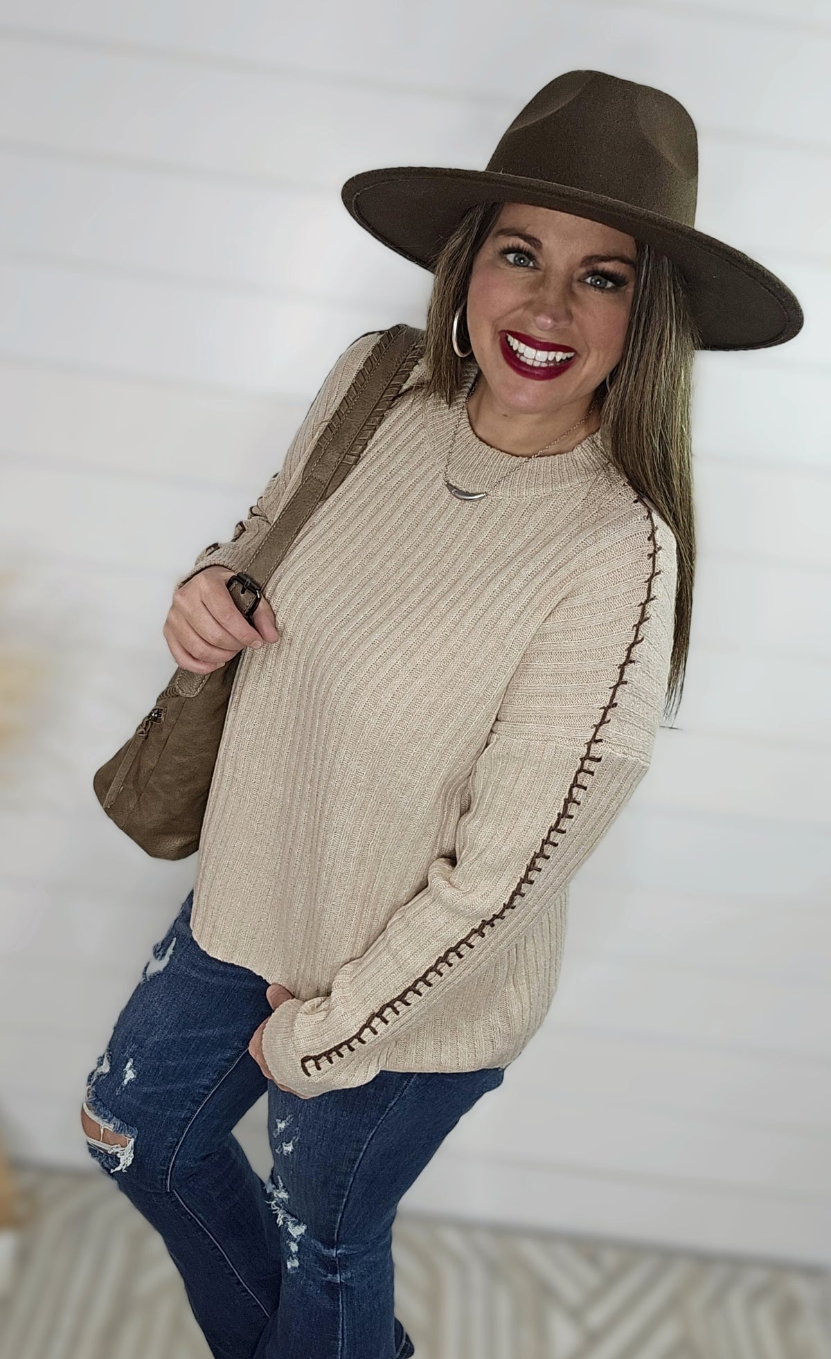 MOCHA VERTICAL STRIPED BLANKET STITCH SWEATER