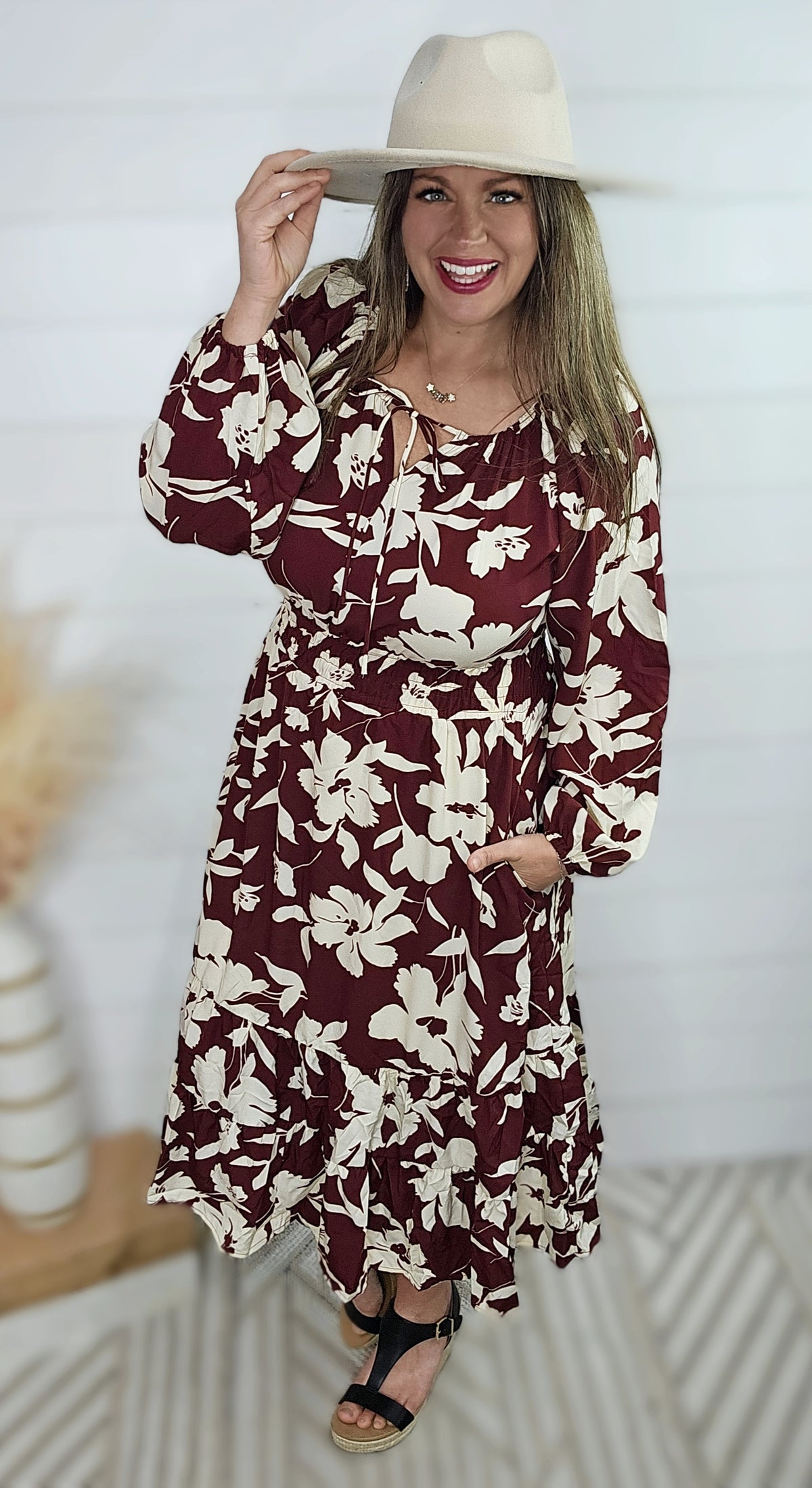 WINE/CREAM FLORAL PEASANT TIE LONG DRESS