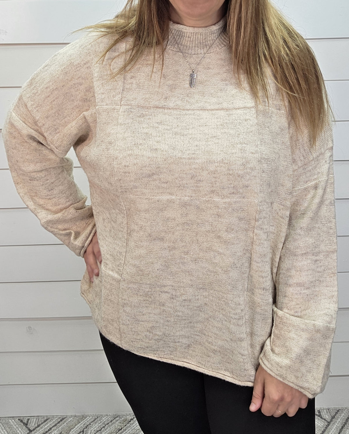 OATMEAL CHECKERED TEXTURED OVERSIZED KNIT SWEATER
