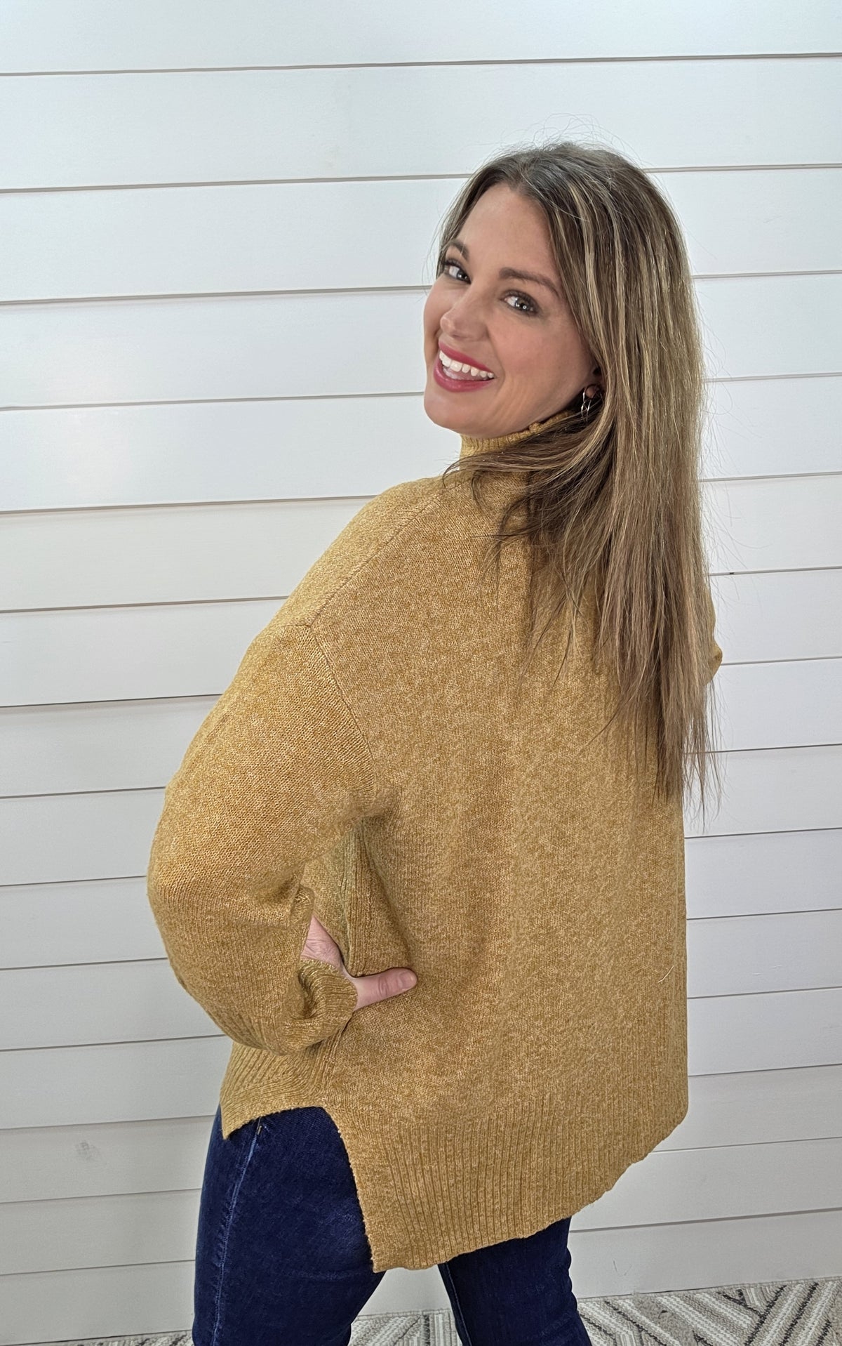 KAREN HART MUSTARD LOOSE FIT MOCK NECK TUNIC SWEATER