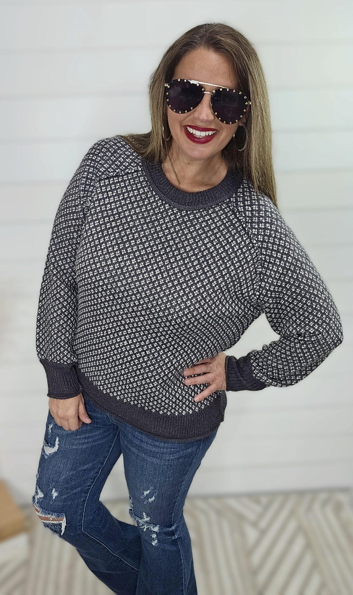 GUNMETAL PRINTED CREW NECK SWEATER