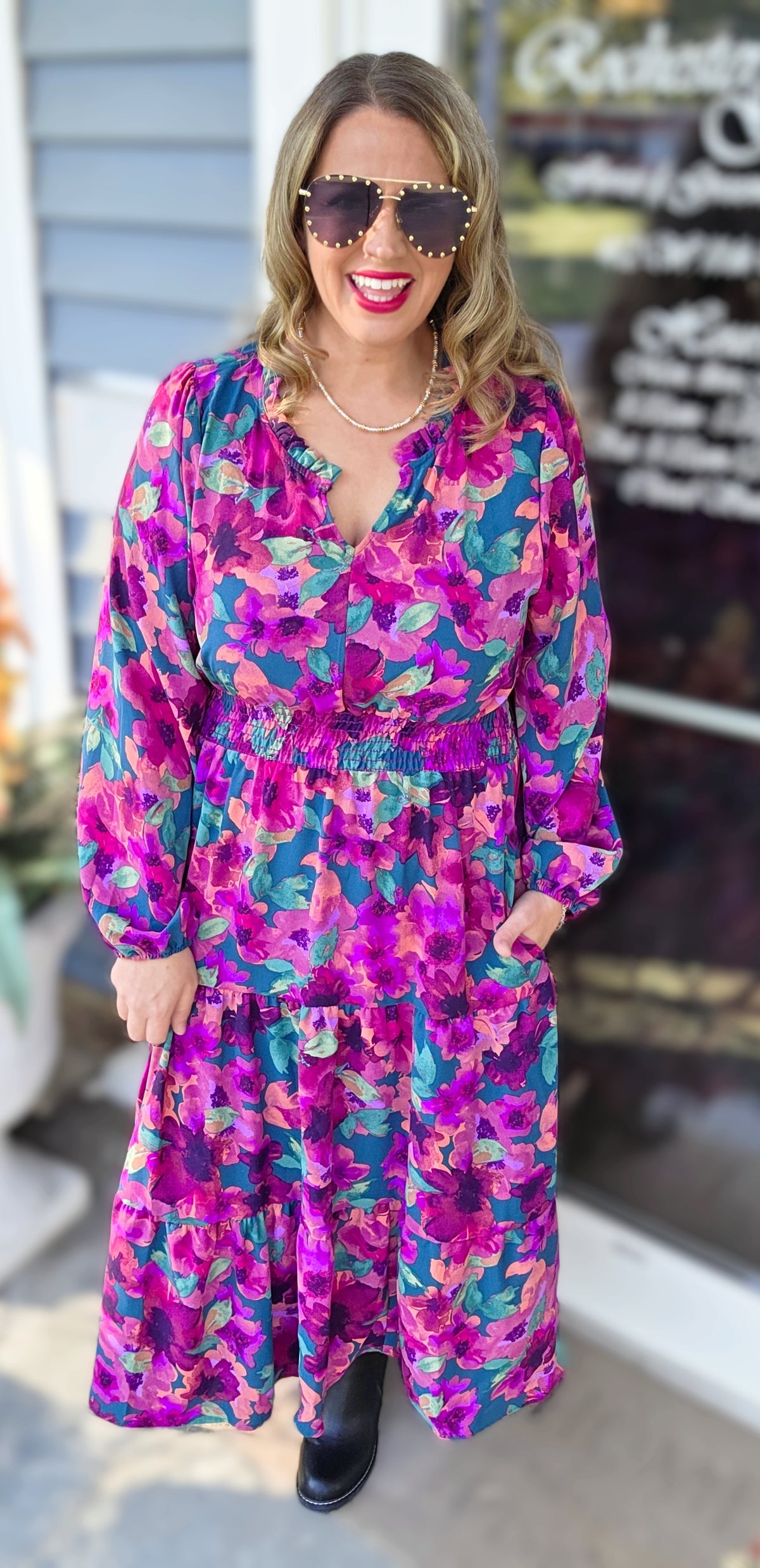 HUNTER GREEN/MAGENTA FLORAL ELASTIC WAIST DRESS
