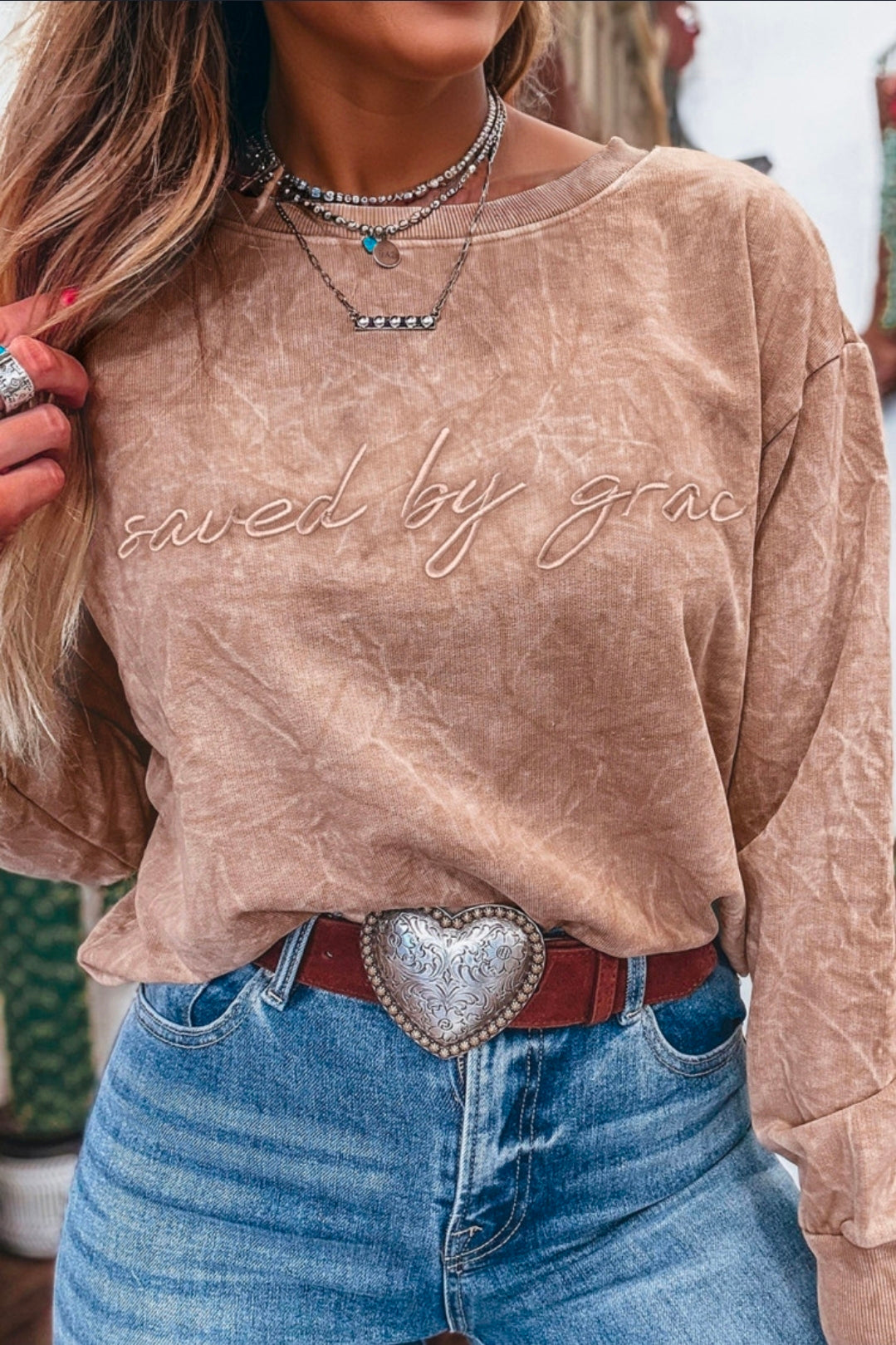 VINTAGE WASHED TAUPE "SAVED BY GRACE" EMBROIDERED PULLOVER