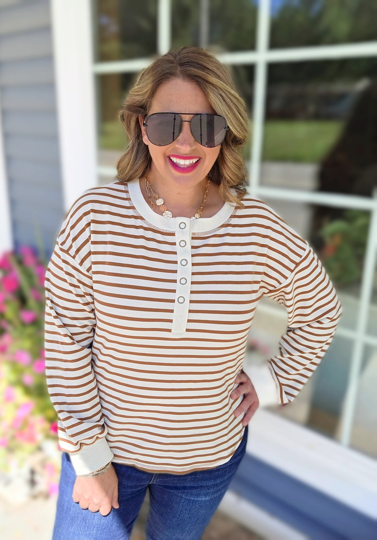 CAMEL/CREAM STRIPED SNAP BUTTON HENLEY TOP